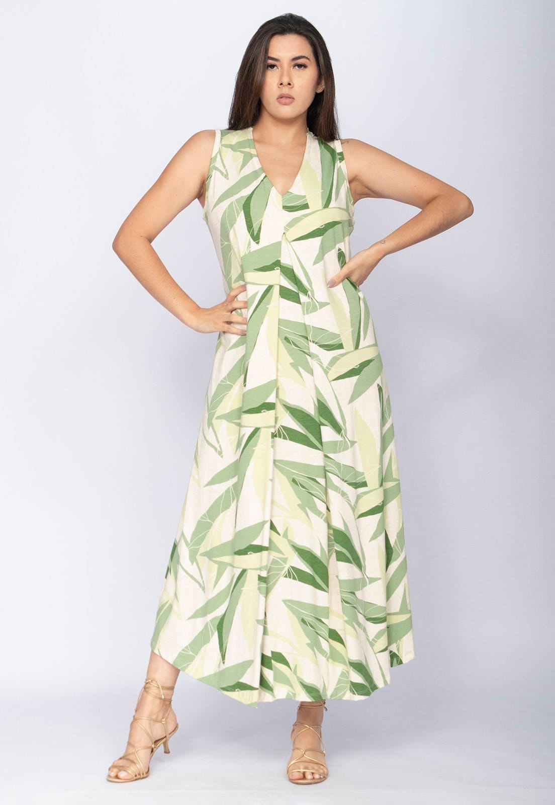 Vestido CabanaFree Longo Acará Malha Estampa Verde Selvagem