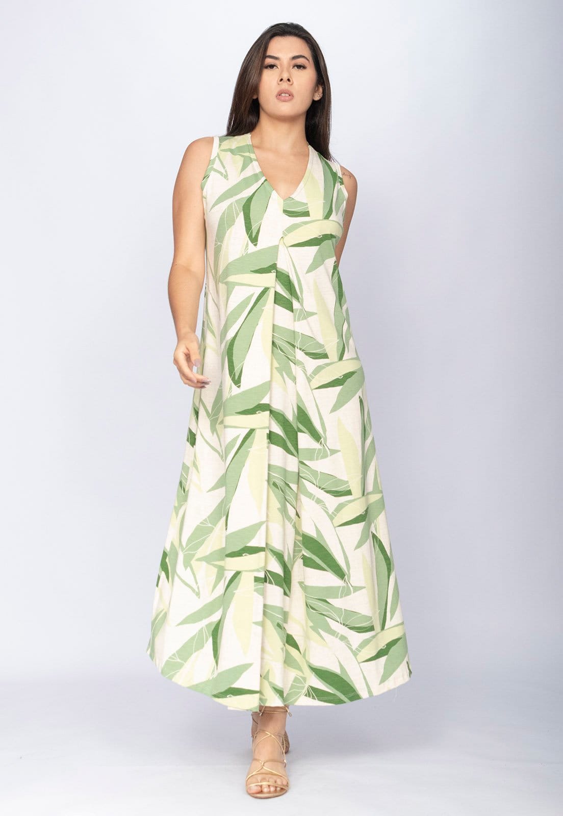 Vista 2 Vestido CabanaFree Longo Acará Malha Estampa Verde Selvagem Cabanafree estampado/verde verde