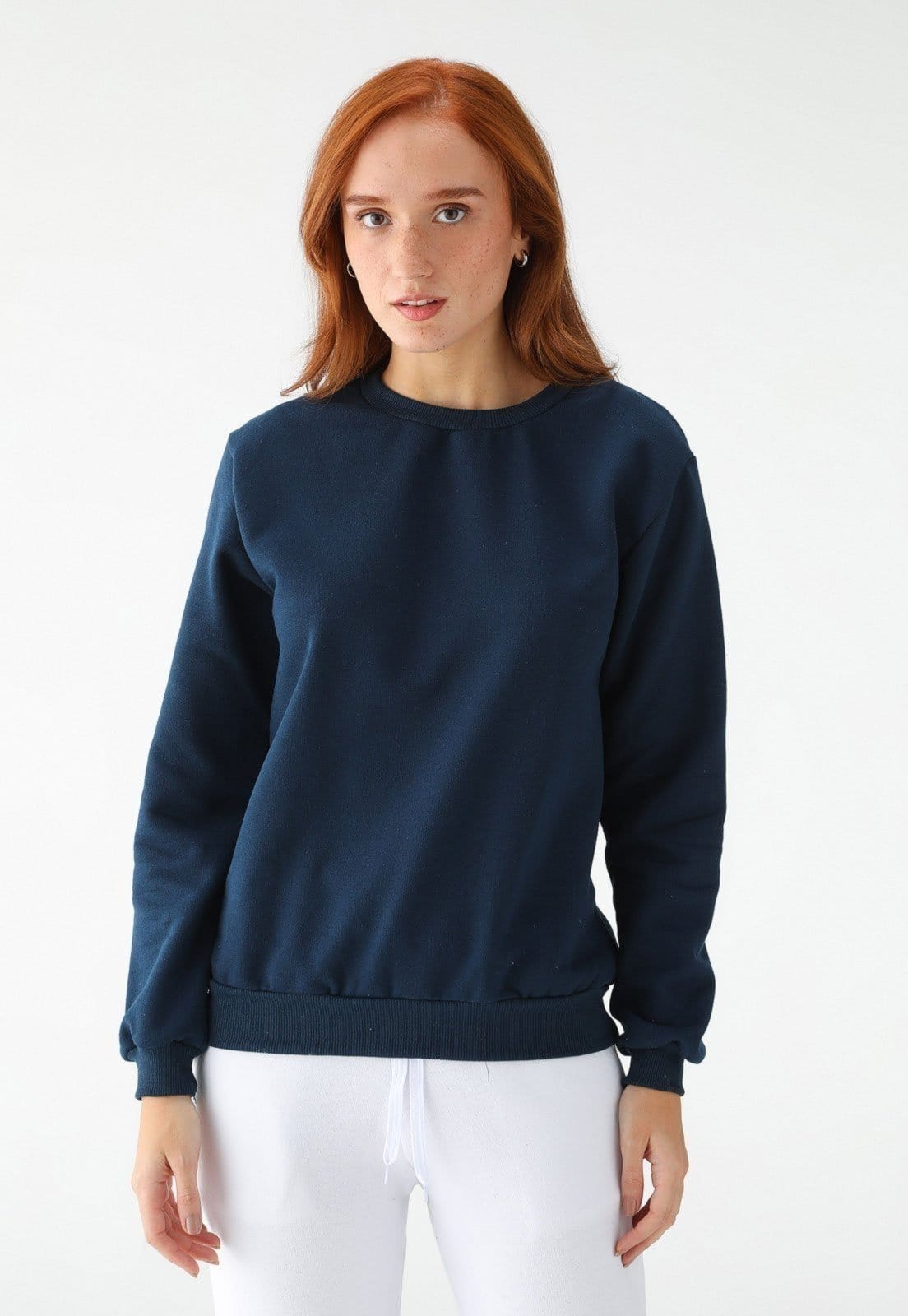 Blusa de Frio Moletom Feminino Flanelado Benellys Liso Gola Redonda Marinho