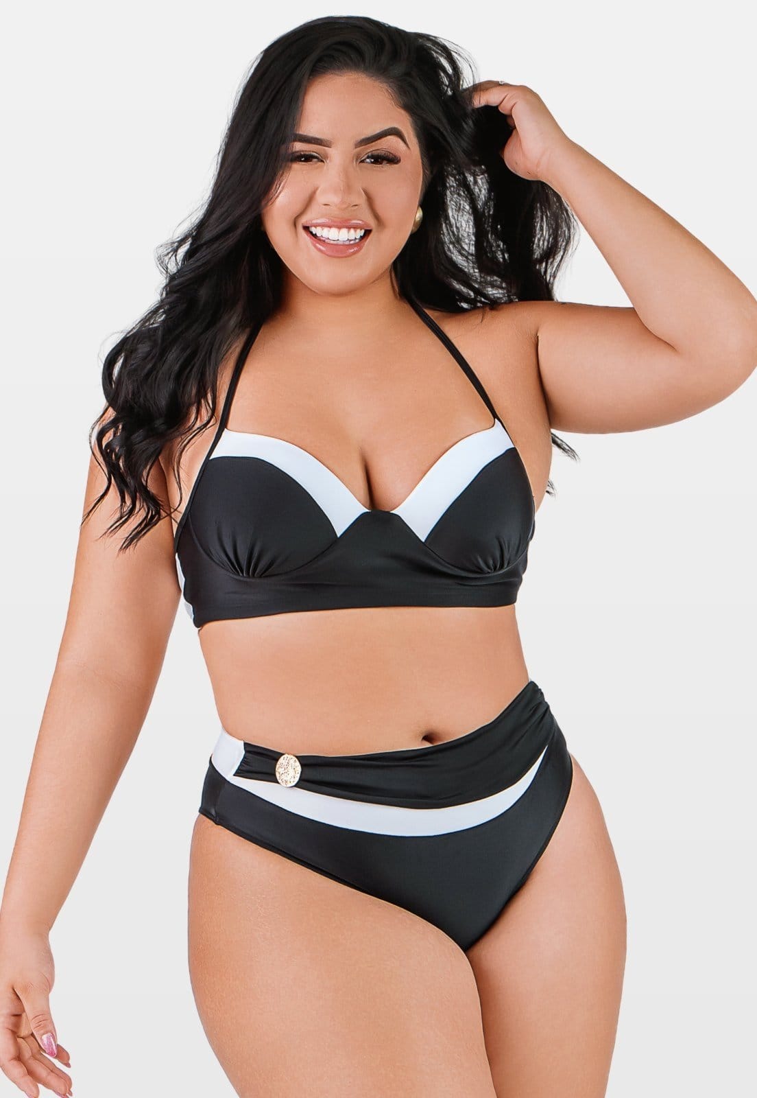 Biquíni Summer Soul Com Bojo e Fecho Cintura Baixa Plus Size Preto e