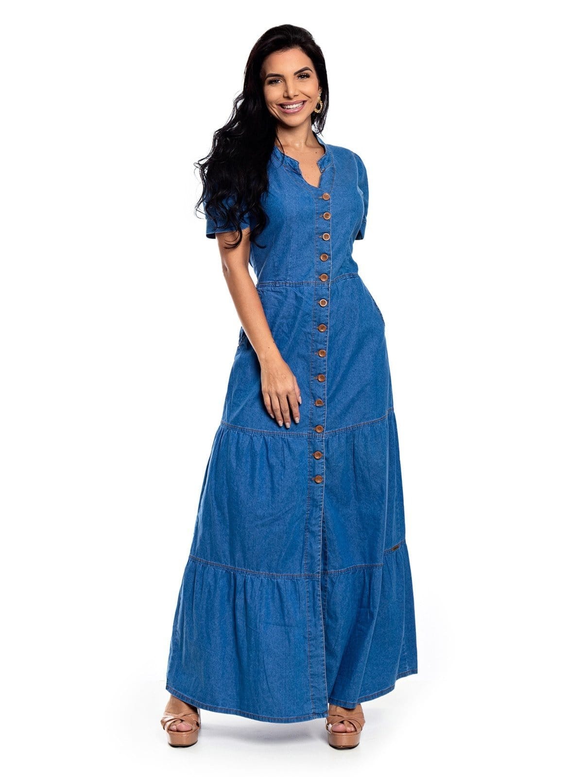 Vestido Longo Restrito Jeans Com Manga e Botões Médio