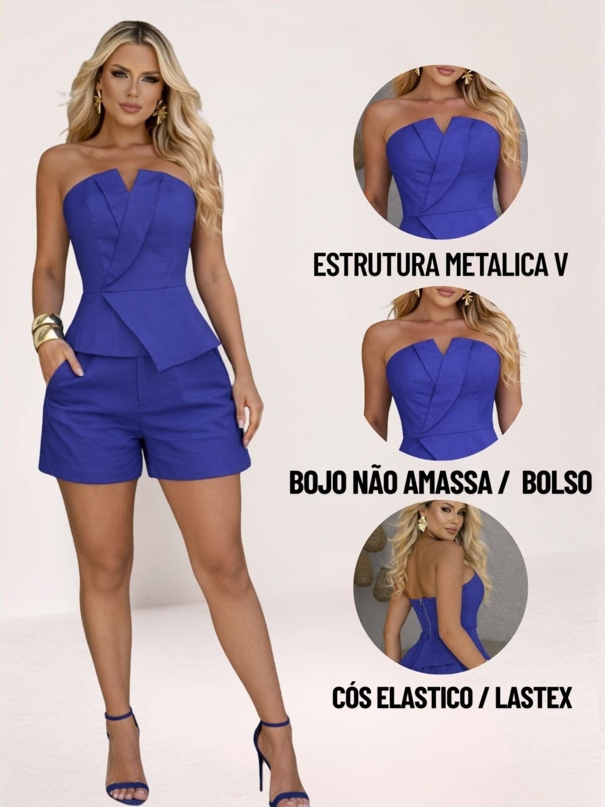 Vista 2 Conjunto Feminino Tropical Fashion Tomara Que Caia e Shorts Alfaiataria Galatic TROPICAL FASHION azul