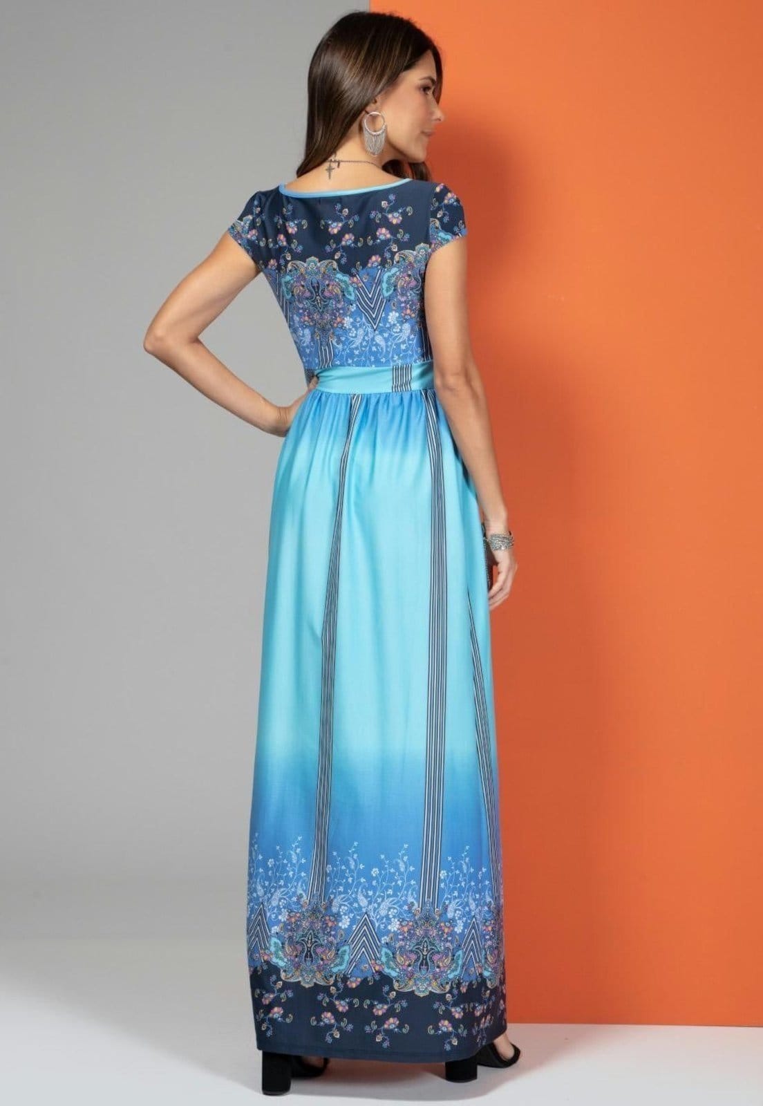 Vista 2 Vestido Longo Com Manguinhas Quintess azul