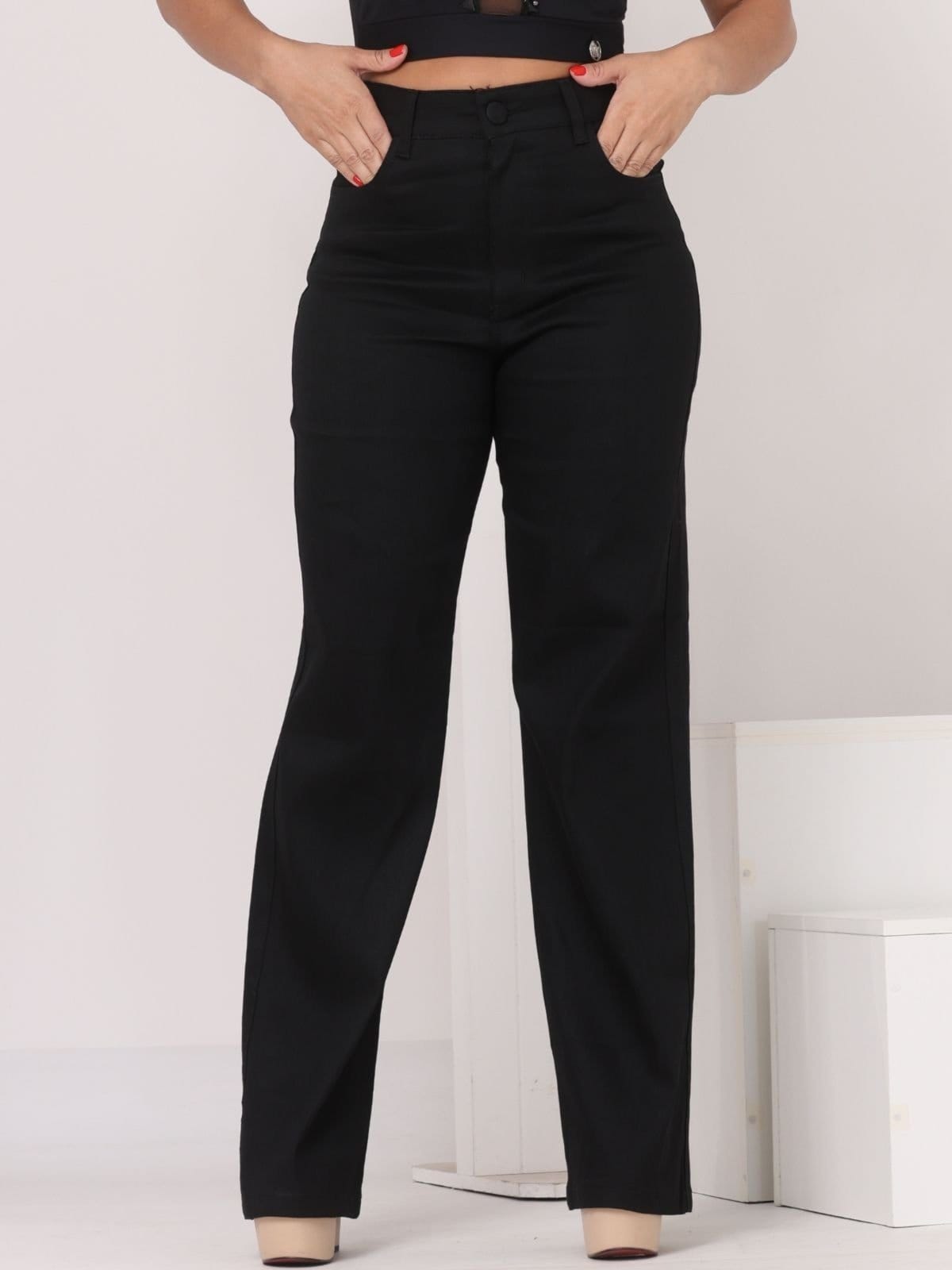 Calça Donna De Paula Wide Leg Preta Com Elastano Cintura Alta Pantalona Feminina