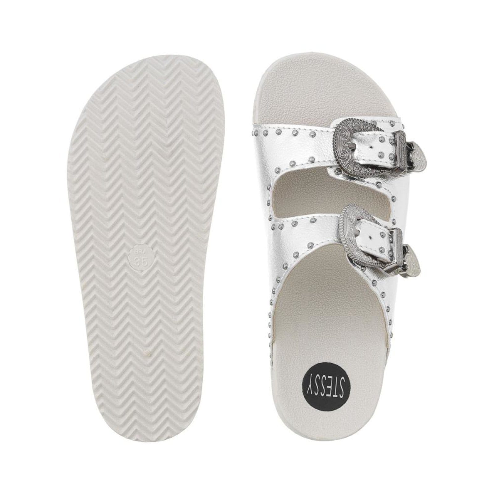 Vista 2 Sandália Papete Feminina Rasteirinha Fivelas Moda Original Metalizada Stessy Shoes prata