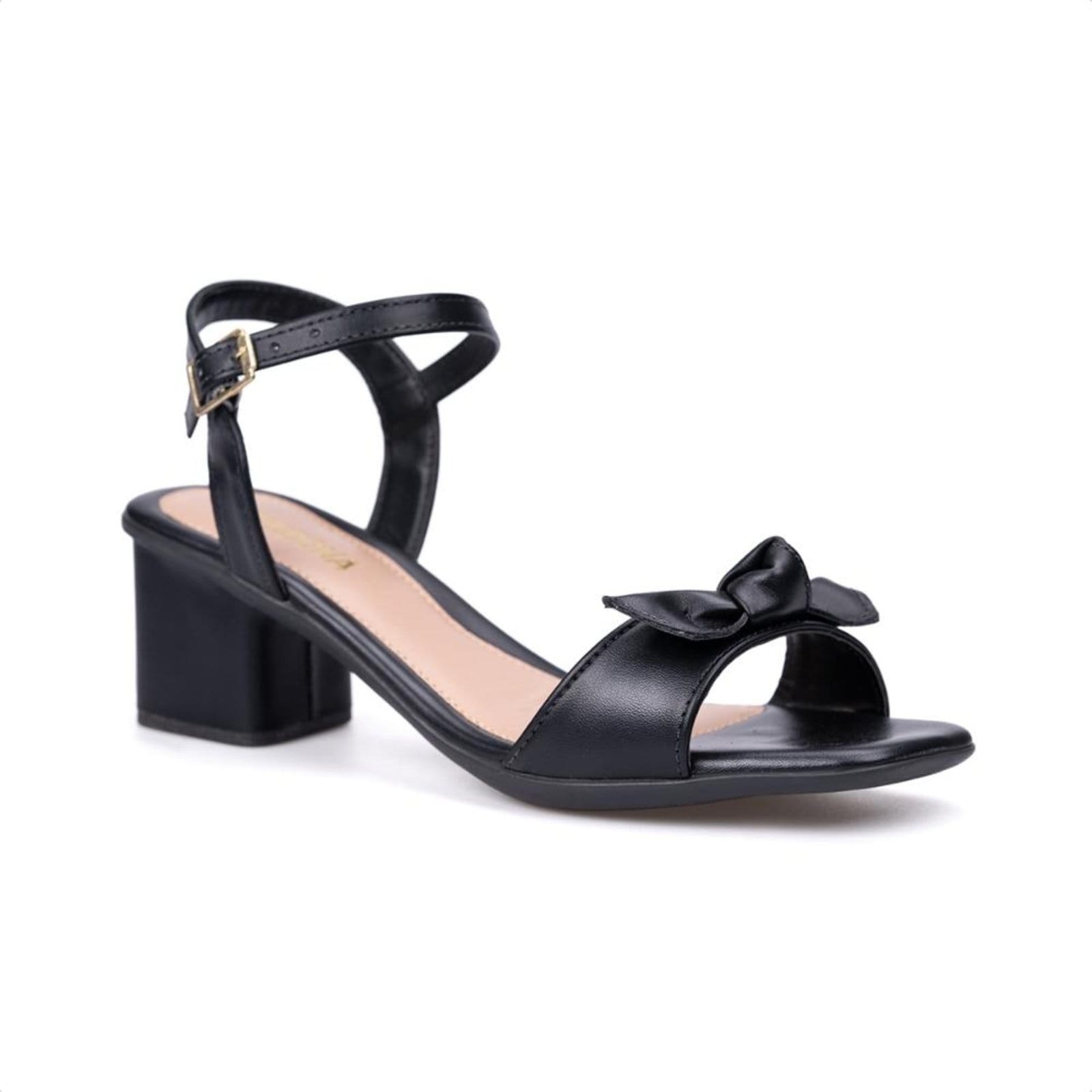Sandália Feminina Preta Salto Bloco Tira Com Laço Bico Redondo
