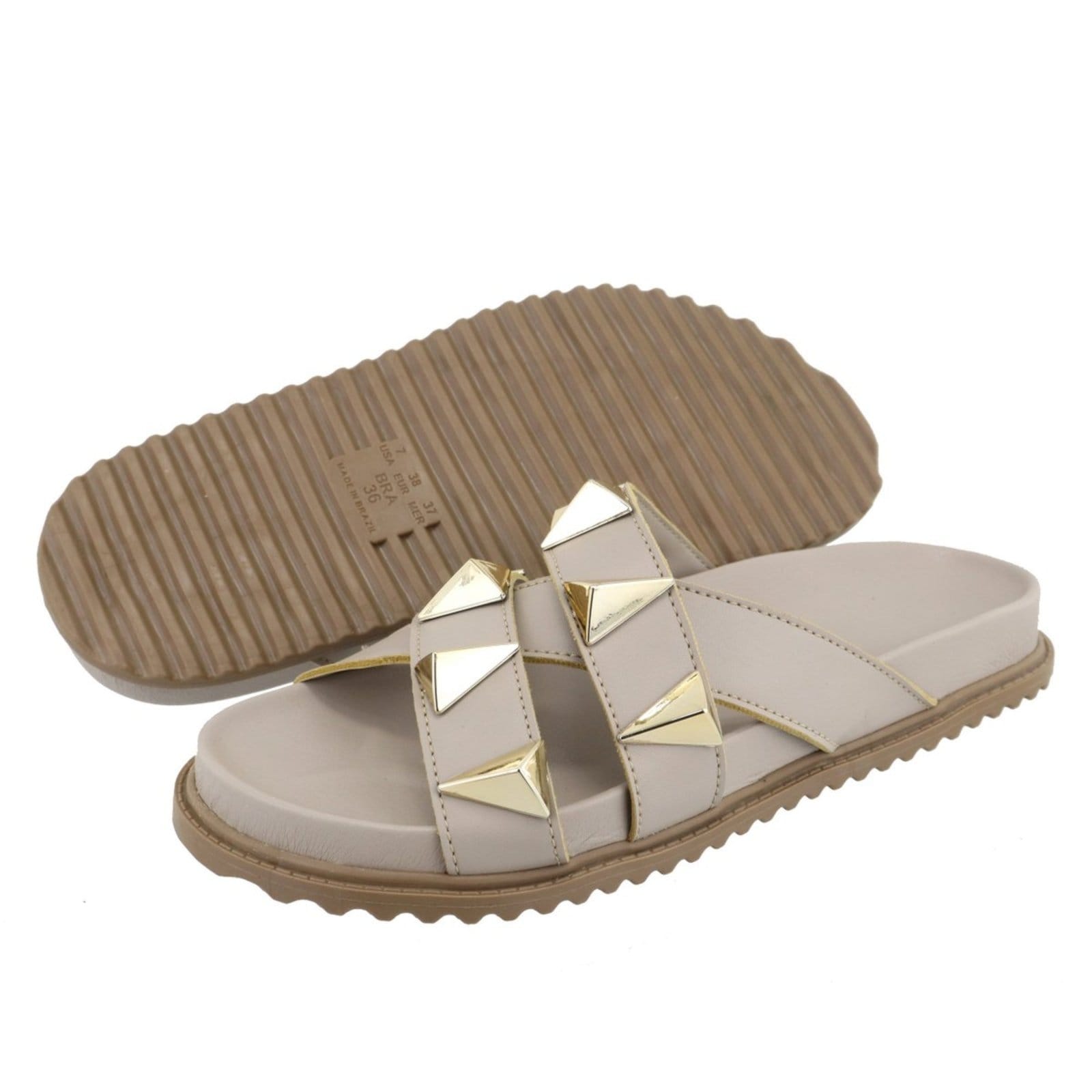 Vista 2 Sandalia Papete Rasteira Flat Feminina Nude Piramides TELLINI STORE dourado nude