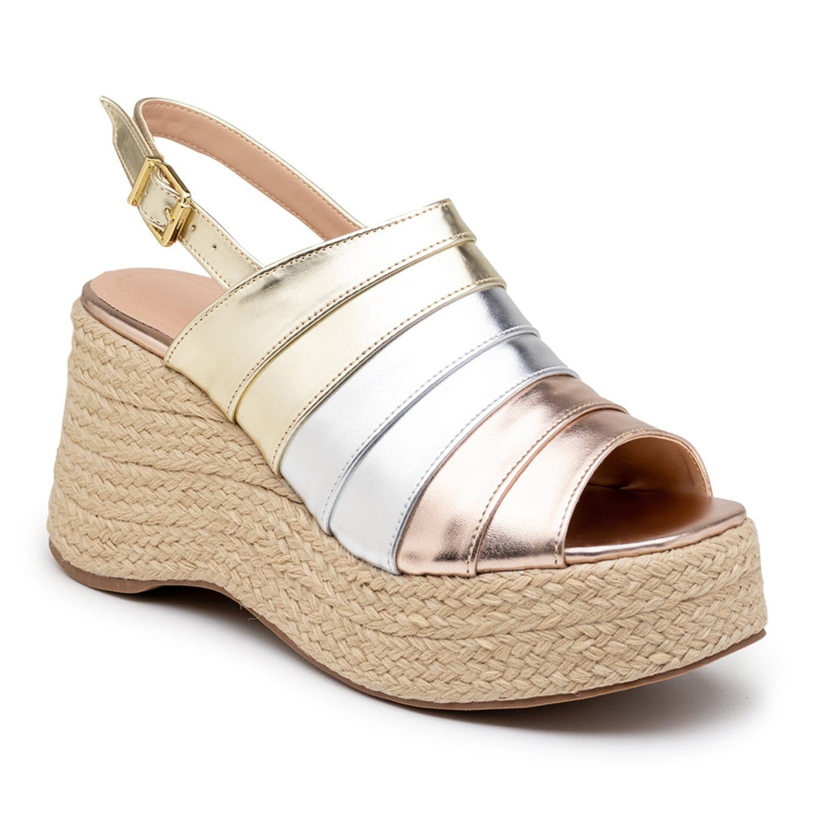 Vista 2 Sandália Anabela Mix de Metalizados Salto Plataforma Corda 9200 Flor da Pele prata