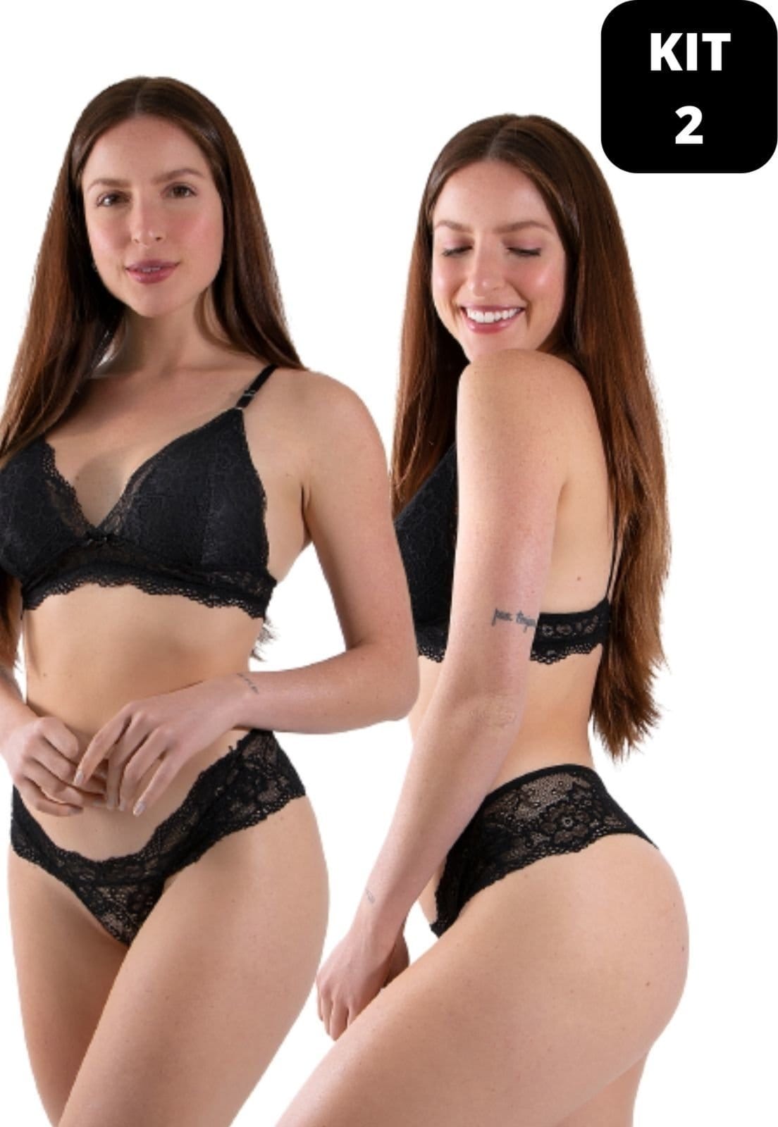 Vista principal KIT 2 Conjunto Diluxo Dida Sem Bojo Renda Diluxo preto