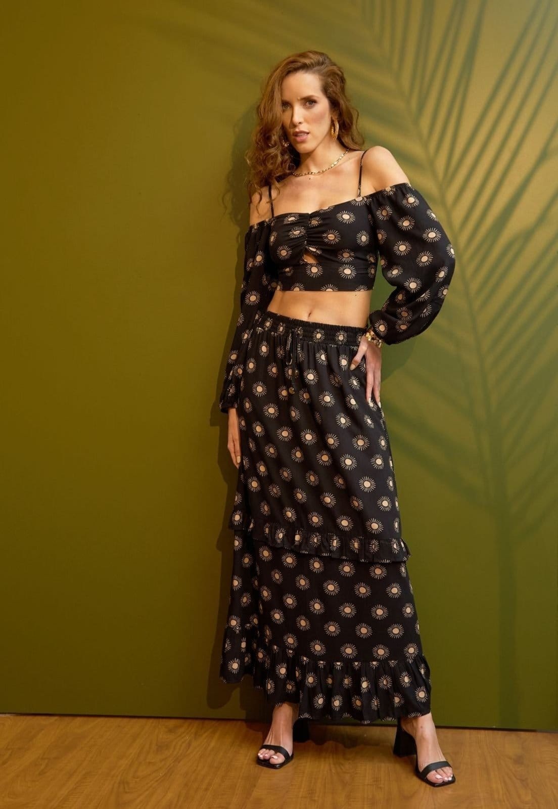 Saia Midi Pop Me 2 Marias Em Viscose Estampada Magia do Sol