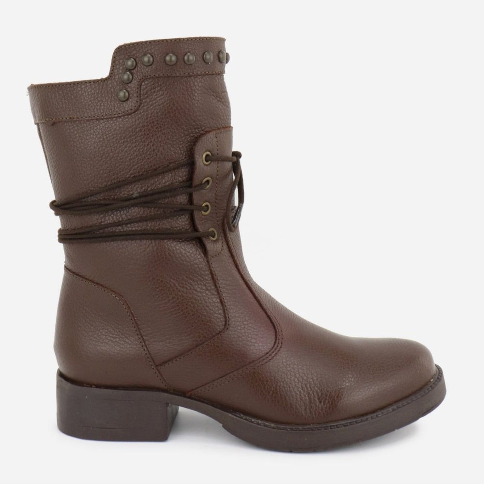 Vista 2 Bota Maria Paua Store Feminina Cano Médio Couro Amarração Conforto Coturno MARIA PAULA marrom