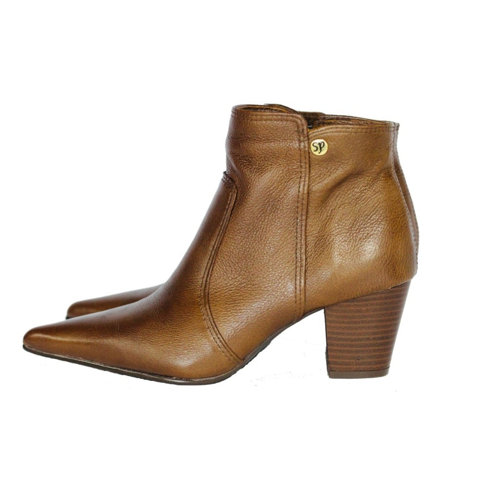 Bota Feminina Bico Fino Cano Curto Couro Salto 6 cm Camel