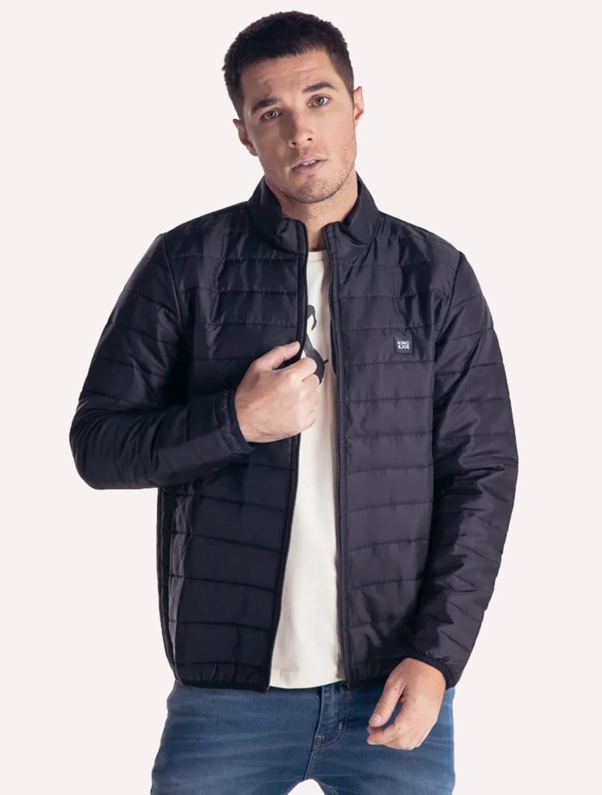 Vista 2 Jaqueta King & Joe Masculina Nylon Puffer Gola Preta King & Joe preto