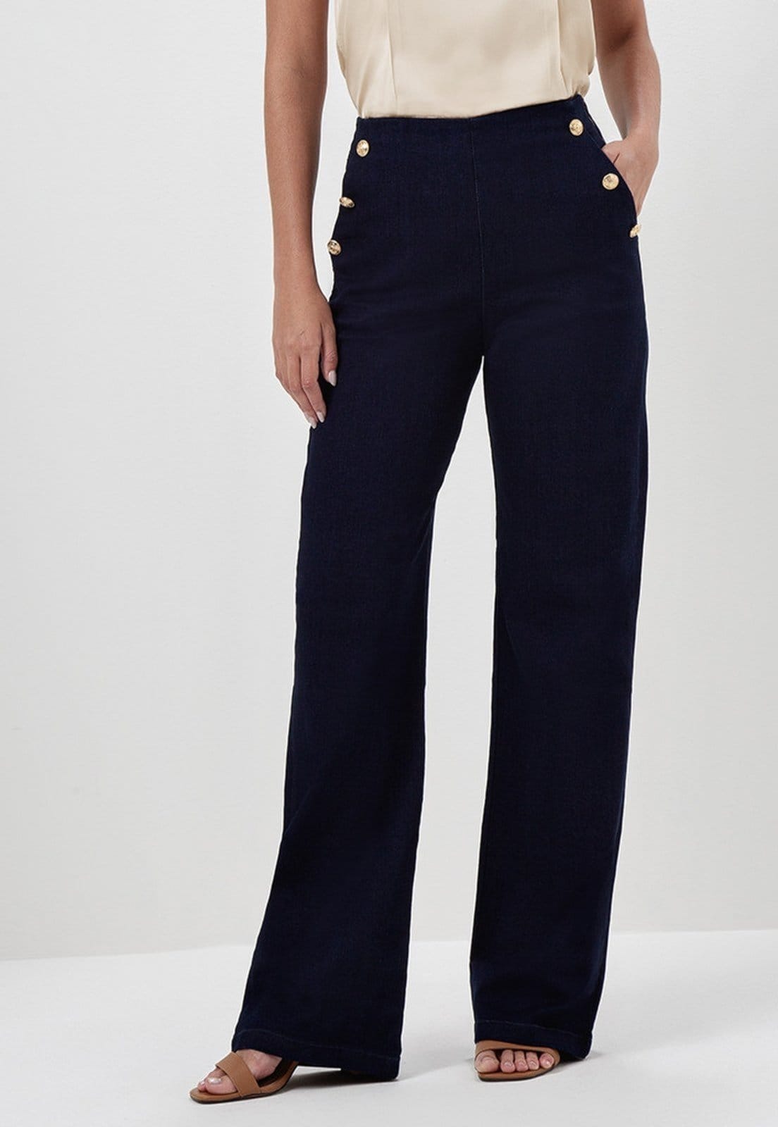 Vista 2 Calça Jeans Wide Leg com Botões de Brasão Azul Escuro Serena Principessa jeans azul