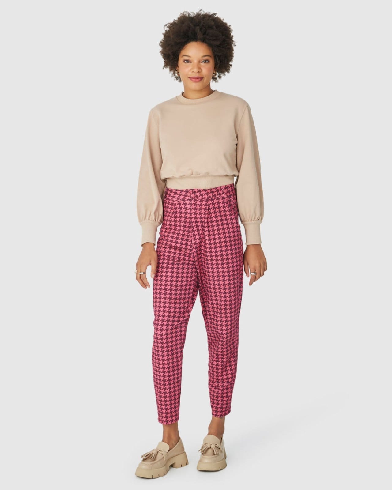 Calça Alfaiataria Feminina Estampa Pied De Poule Em Moletom Stretch