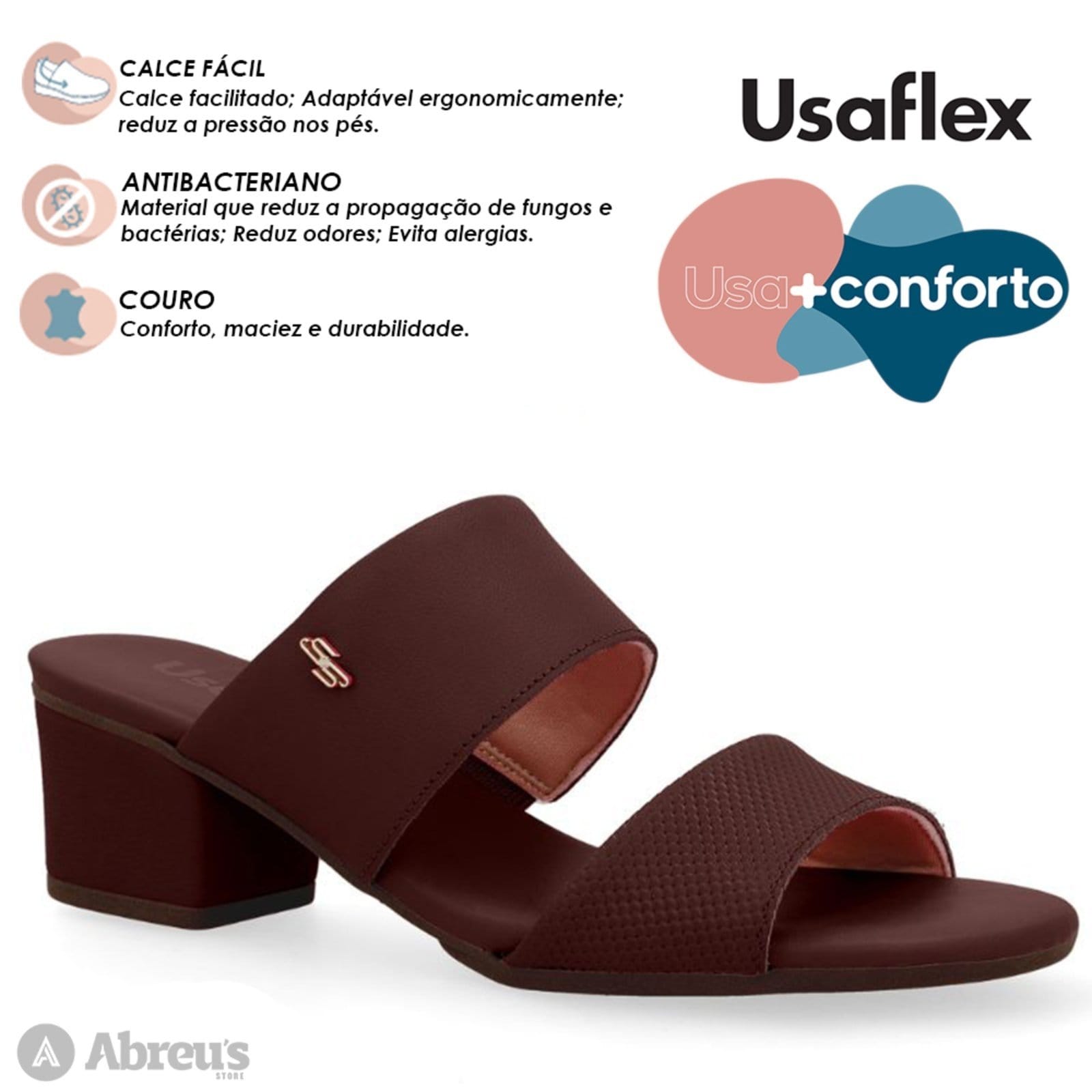 Vista 2 Tamanco Feminino Usaflex Salto Bloco Duas Tiras Conforto Pinhao - 047 Usaflex marrom