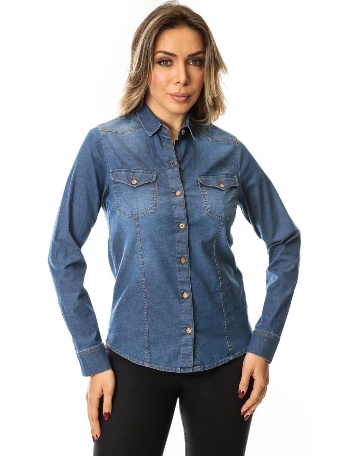 Camisa Manga Longa Com Bolsos Feminina