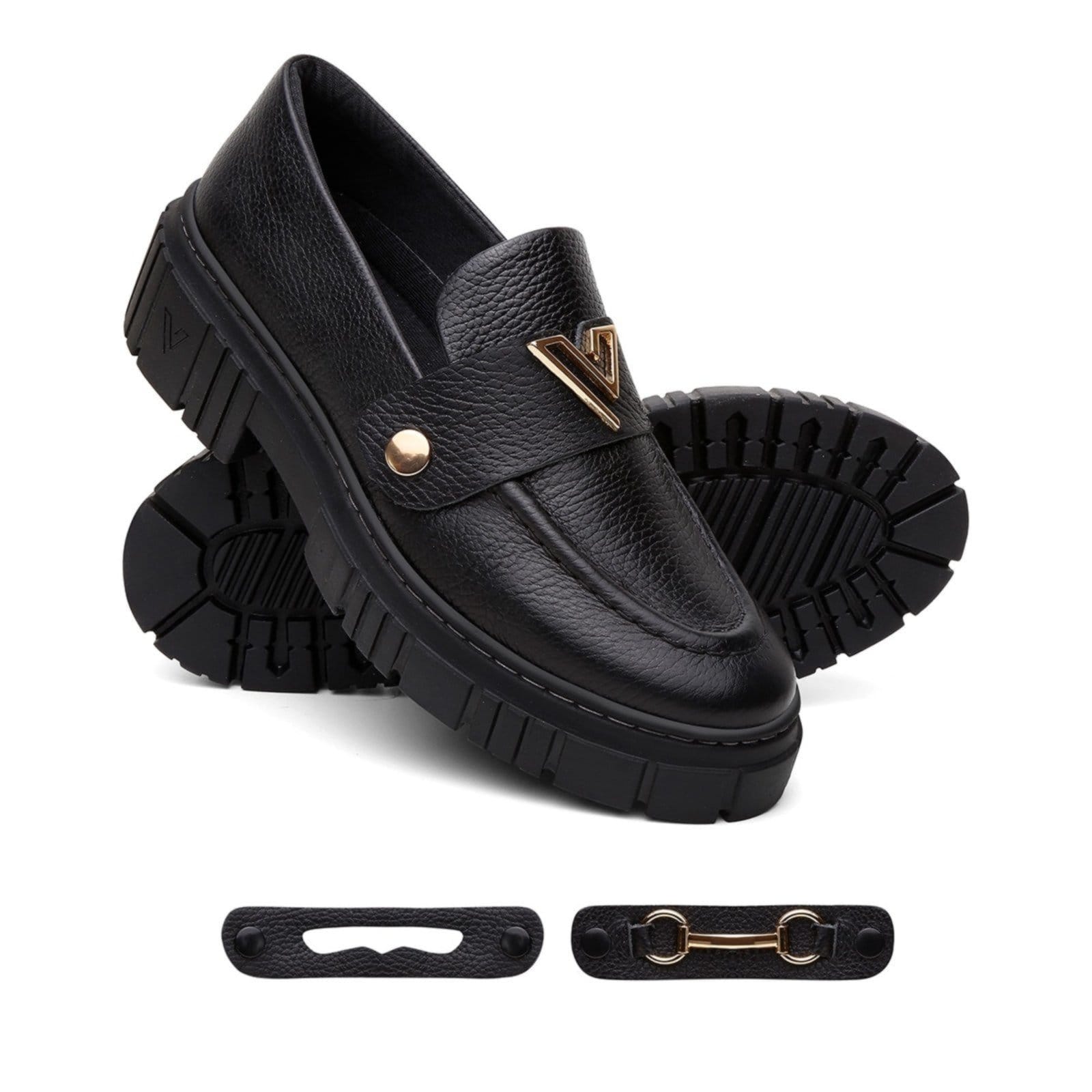 Mocassim Feminino em Couro Vittal com 3 Fivelas Removíveis