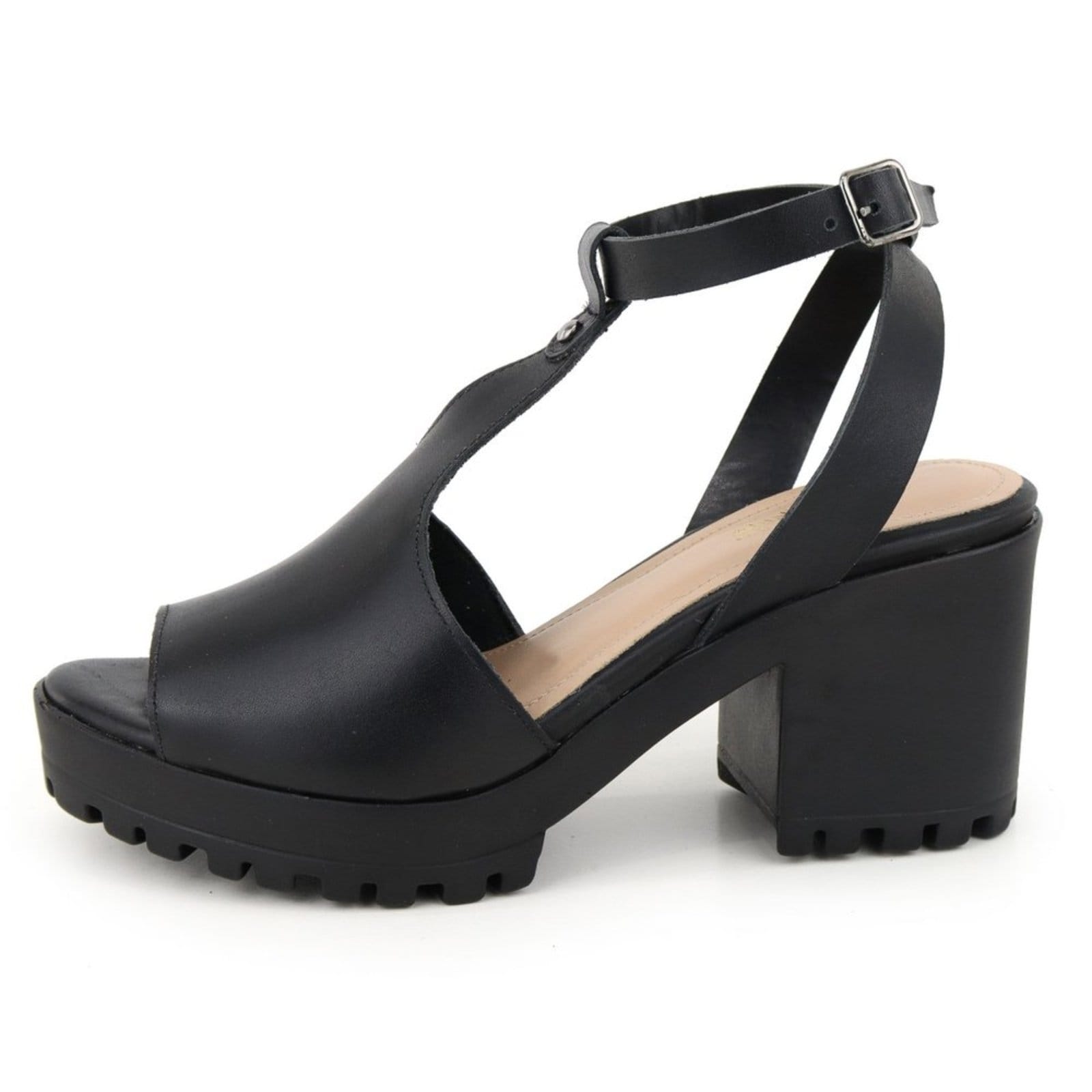 Sandália Feminina Salto Bloco Tratorada em Couro Maria Paula