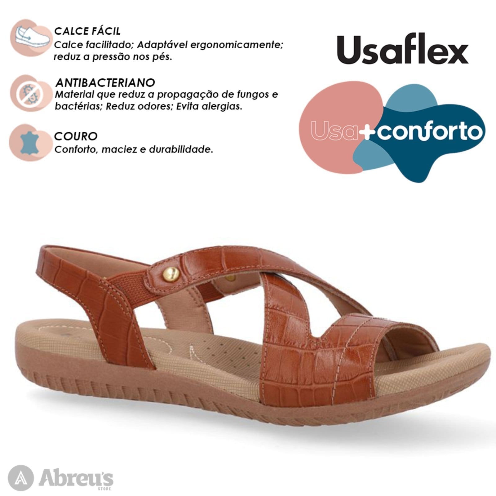 Vista 2 Sandália Usaflex Rasteira Couro Elastico Conforto R1804 Doce de Leite -177 Usaflex marrom