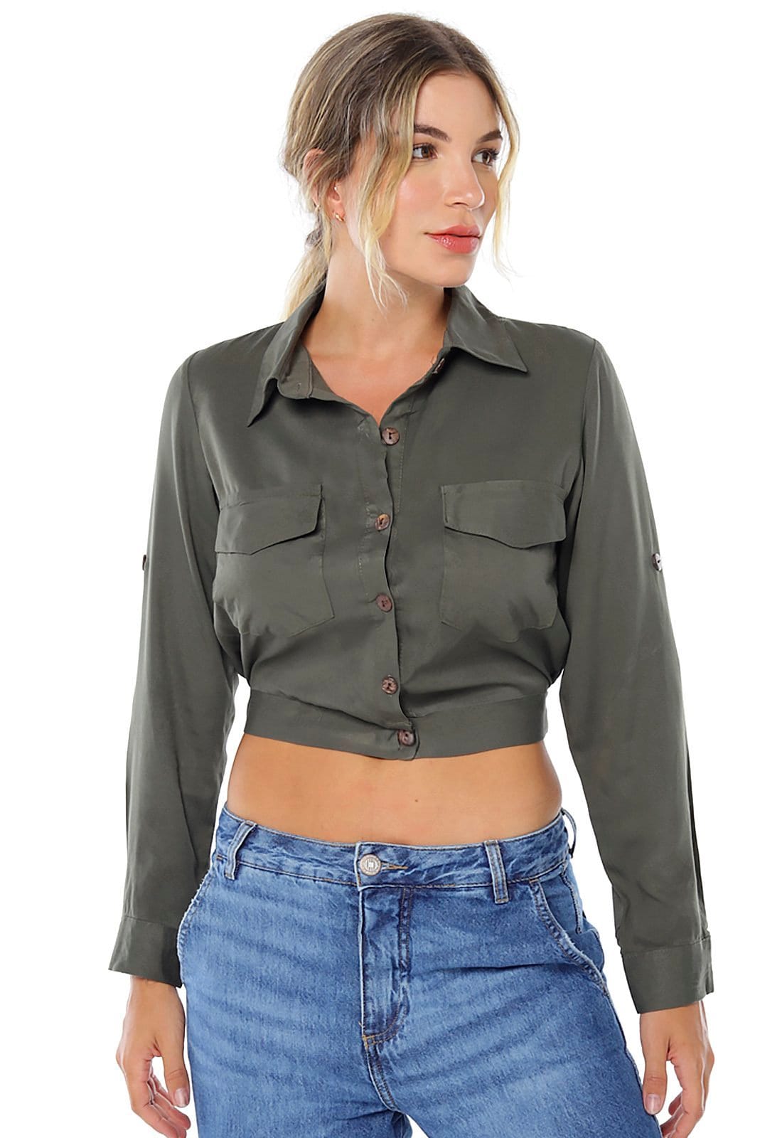 Jaqueta Cropped Leve Estilo Camisa Feminina Militar