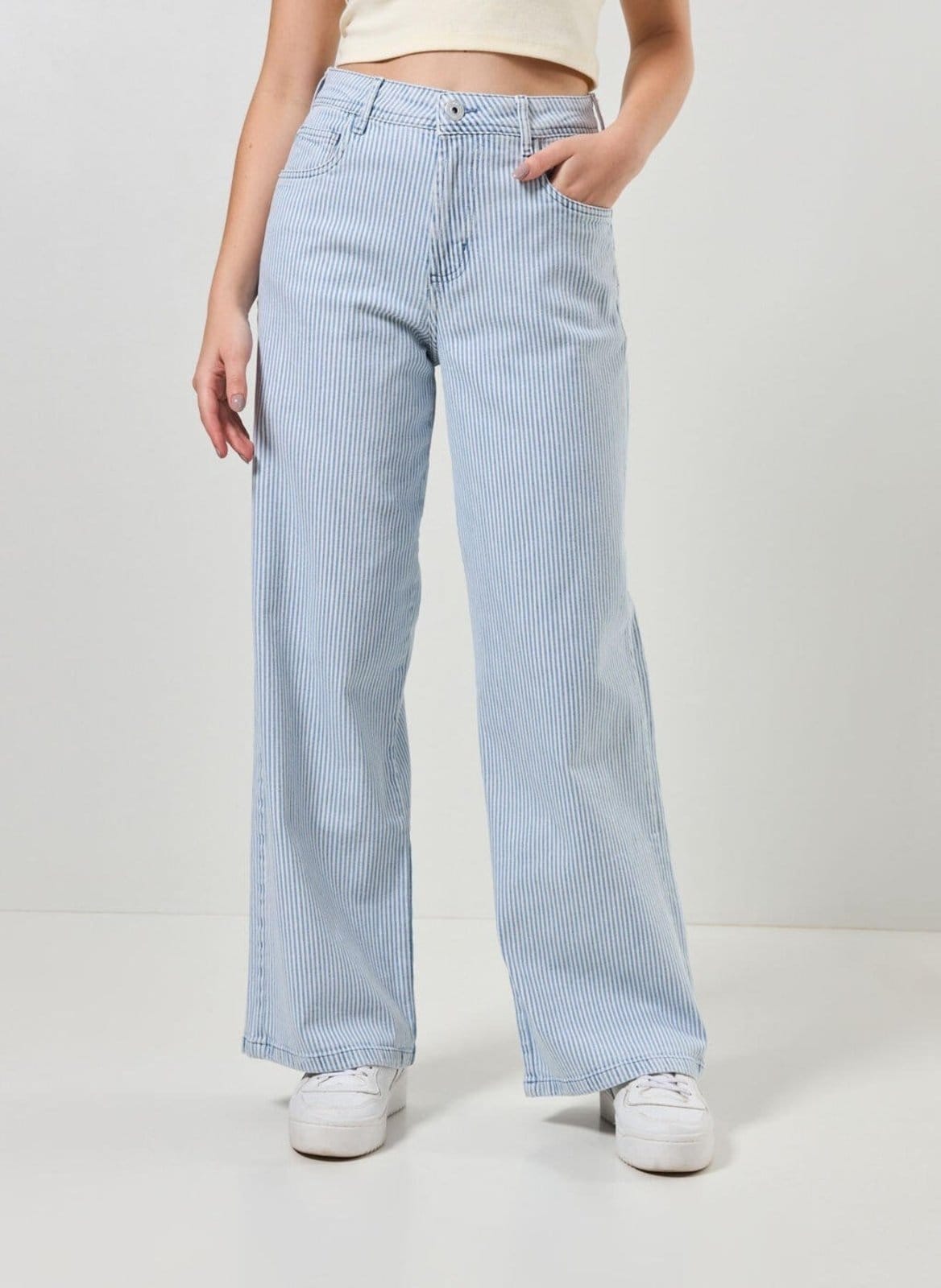 Vista 2 Calça Sarja Wide Leg Listrada Youcom multicolorido