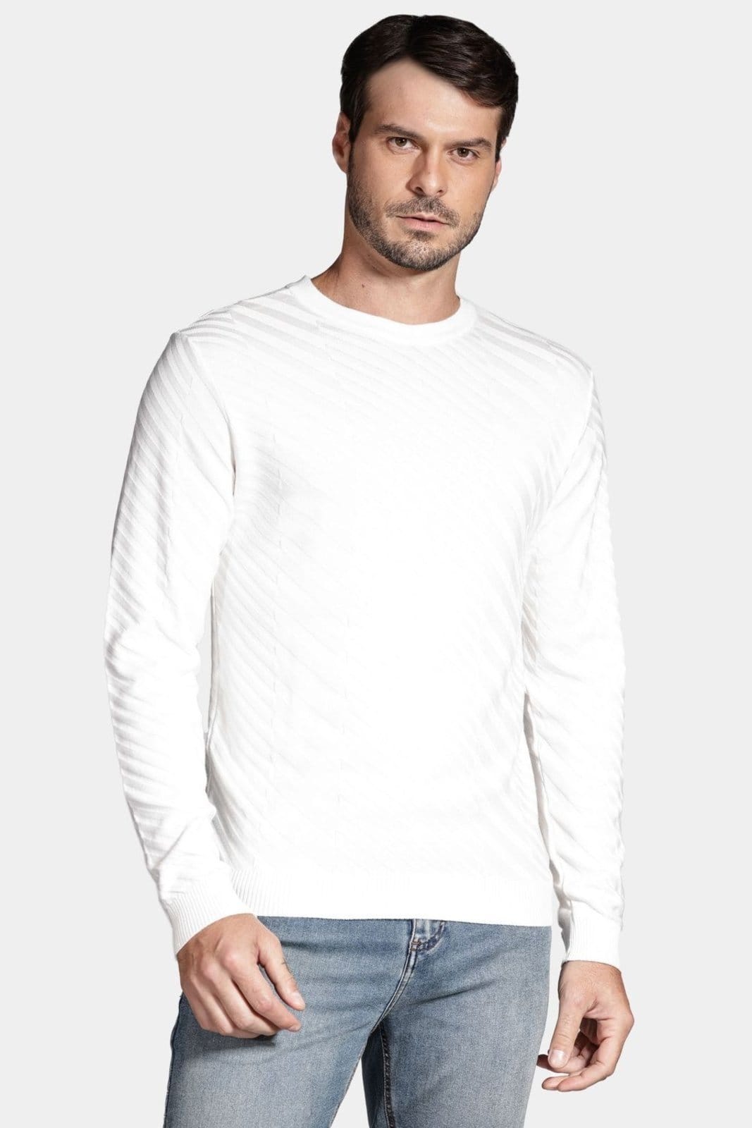 Tricot Aramis Manga Longa Viscose Jacquard Faixas Off White