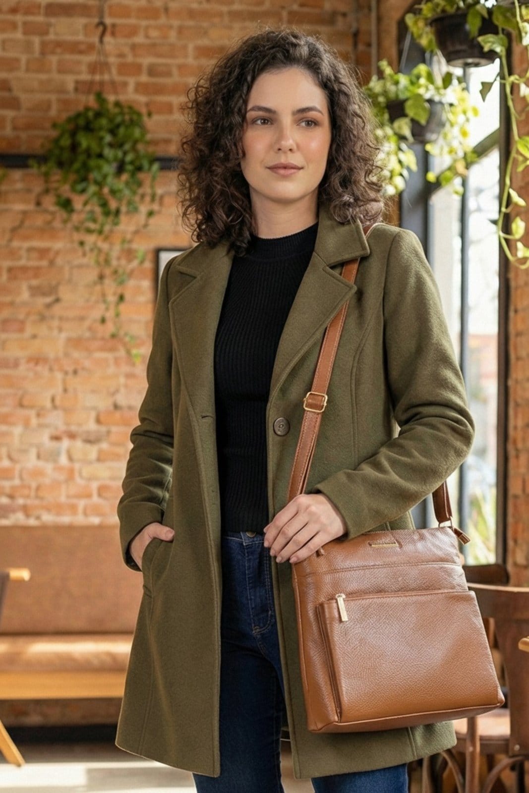 Vista 2 Bolsa transversal de couro liso Giselle - Whisky Andrea Vinci caramelo