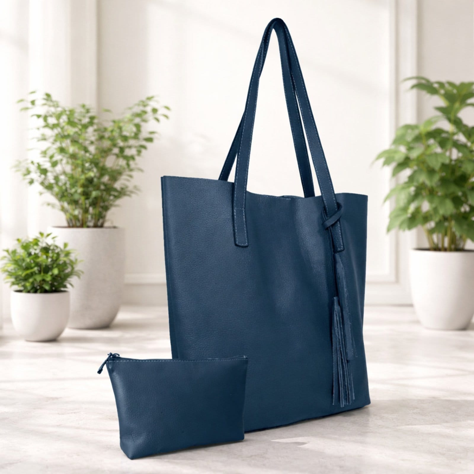 Kit Bolsa Boho Sacola e Necesseire TopGrife Couro Marinho