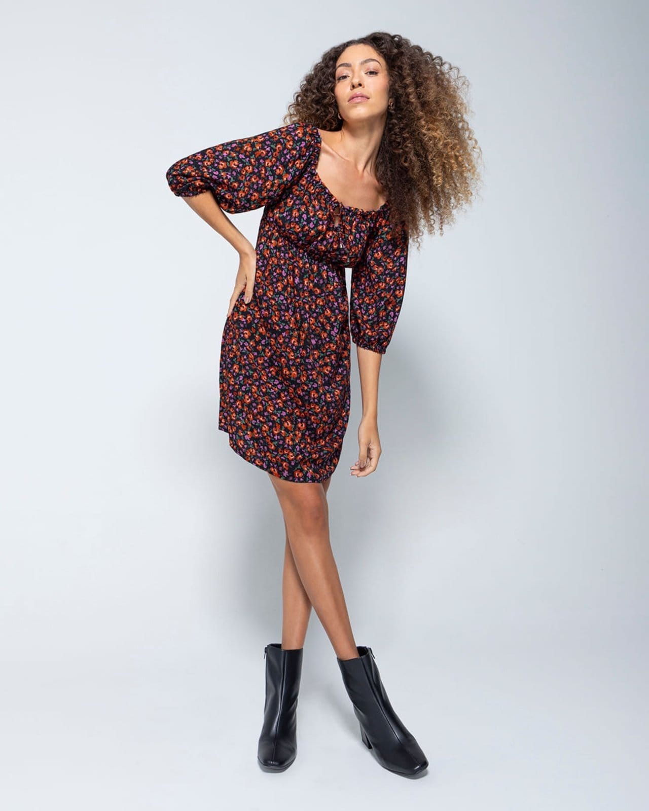 Vestido Evasê Feminino Manga Bufante Em Viscose