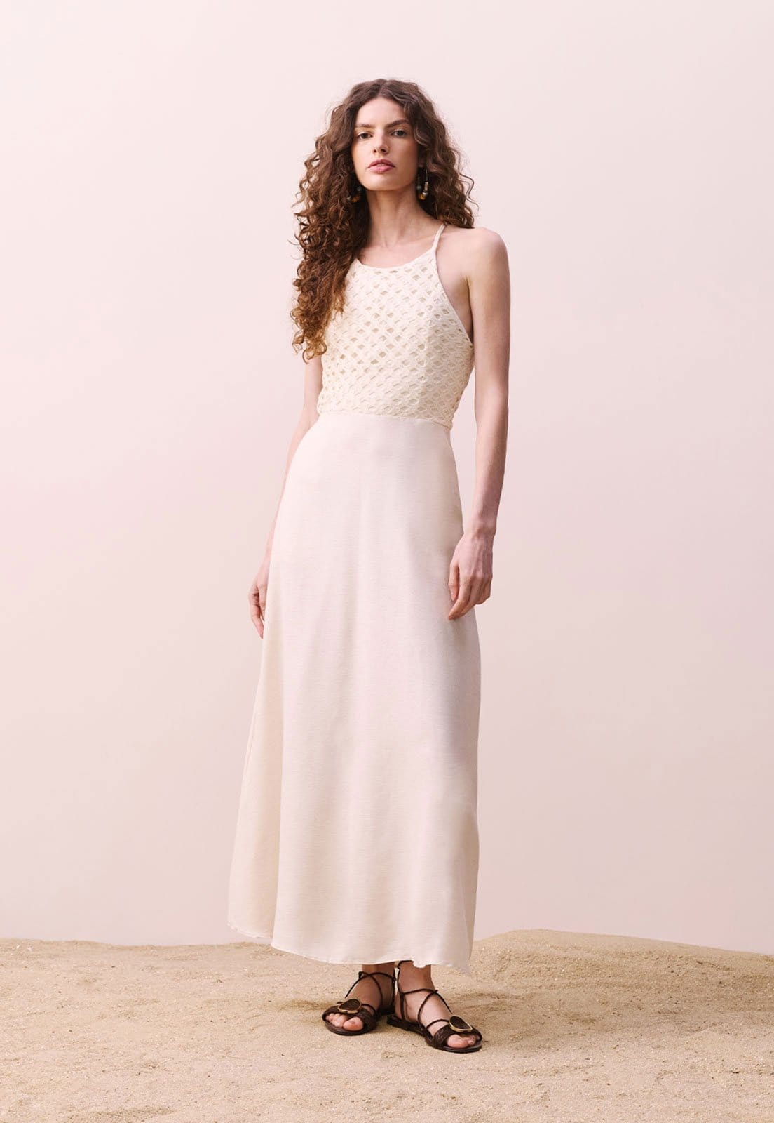 Vestido CaCay Midi Malha Rendada Off-White