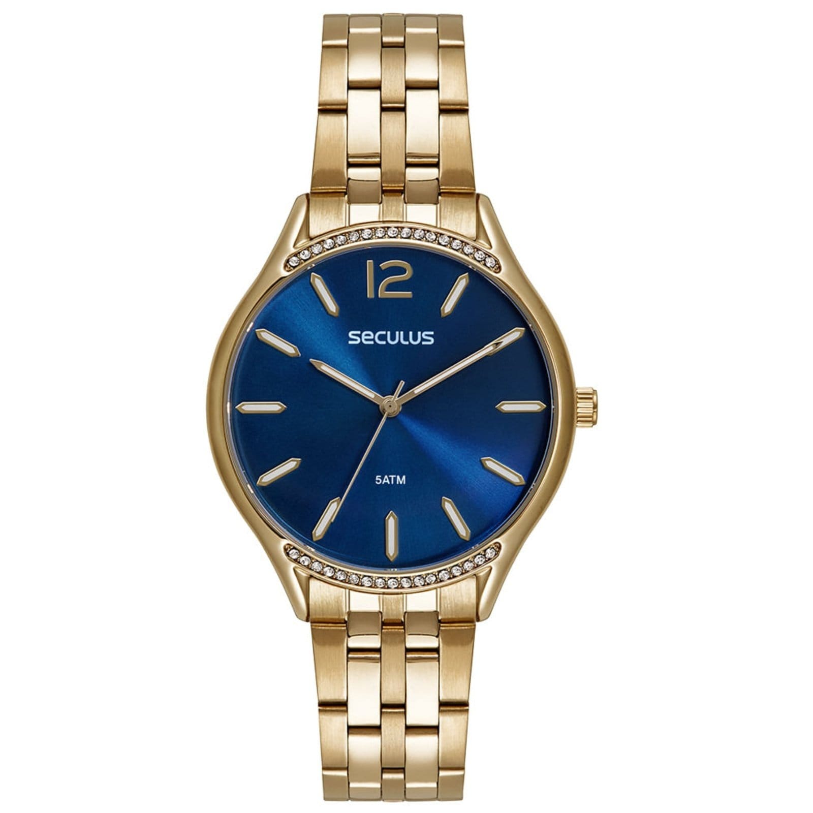 Vista 2 Kit Relógio Feminino Navy Dourado Com Colar e Brincos Seculus dourado navy