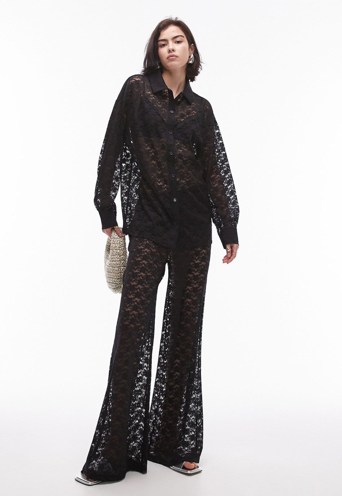 Camisa Renda TOPSHOP Reta Vazada Preta