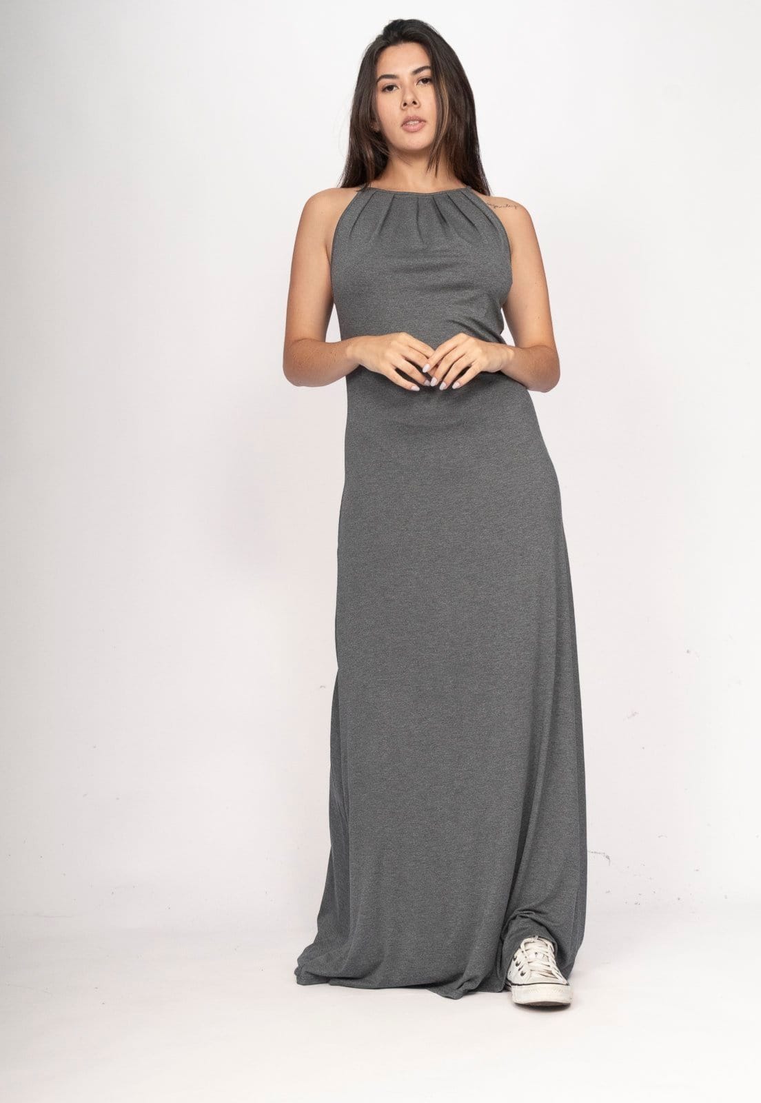 Vista 2 Vestido CabanaFree Longo Eirapuã Malha Trapézio Mescla Cabanafree cinza