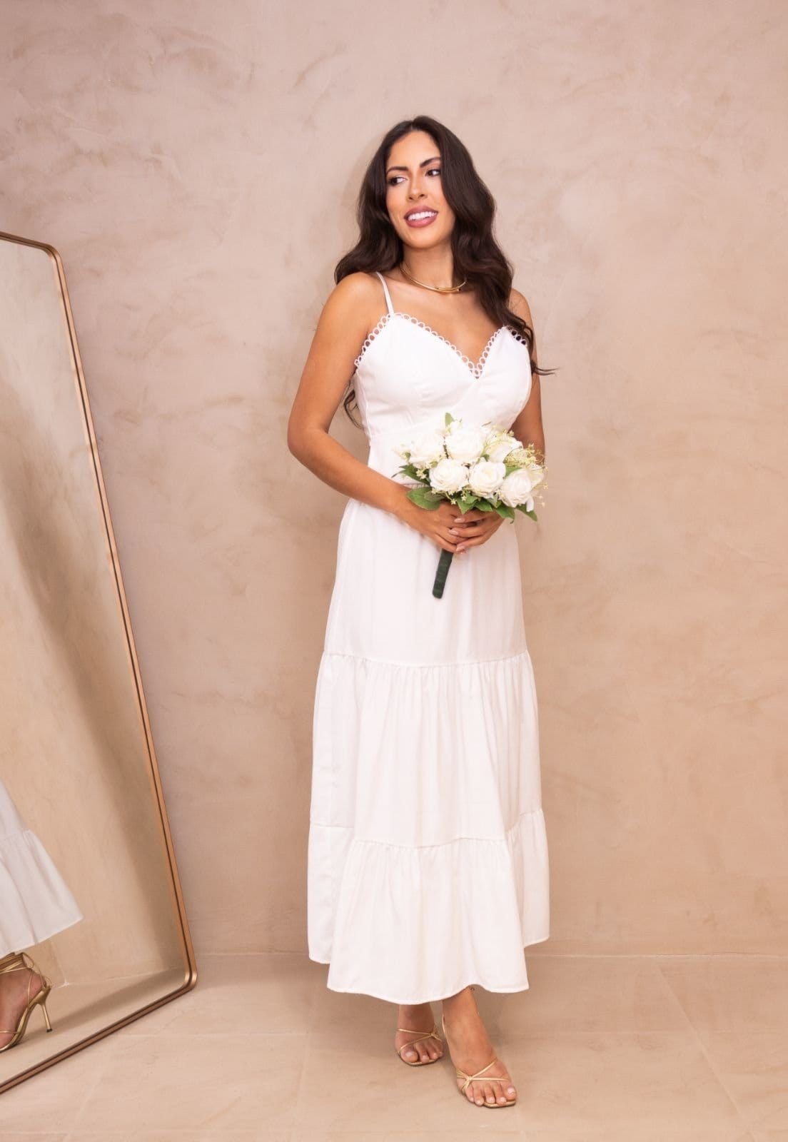 Vestido Midi Longuete Viscose Alcinha Frente Única Noivas Casamento Civil Elegante Darciê