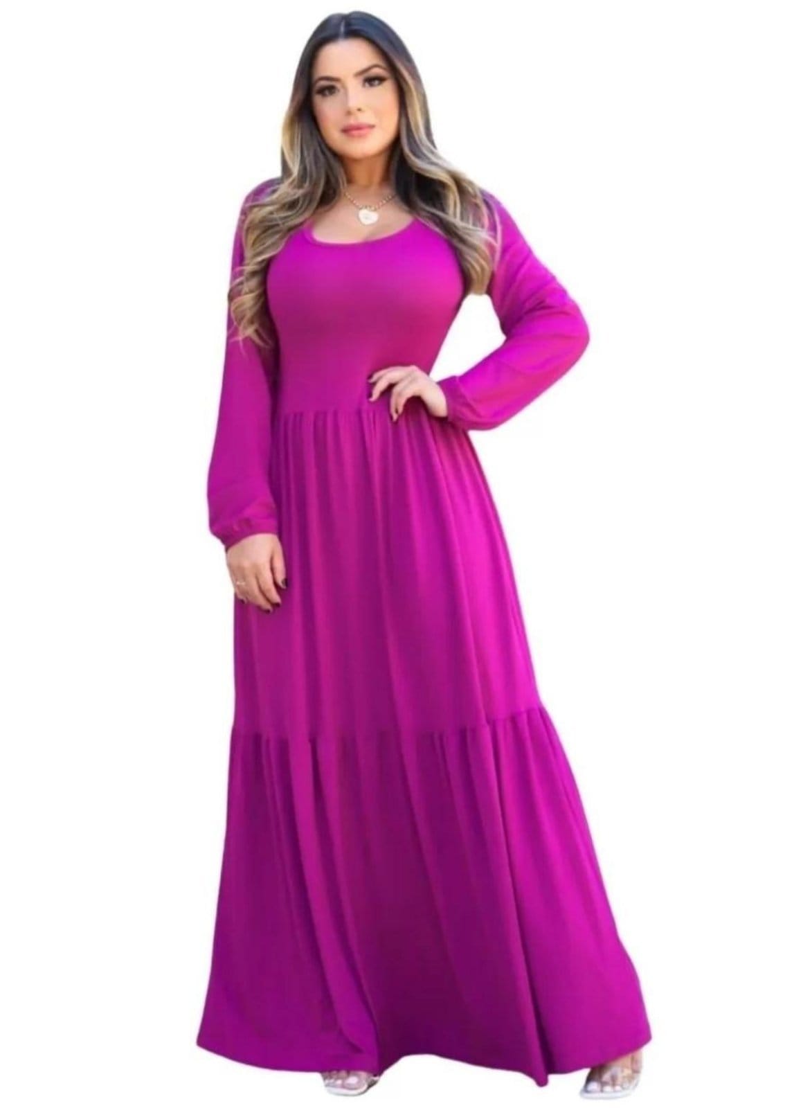 Vestido Longo Manga Longa Outono Inverno Viscolycra Fúcsia