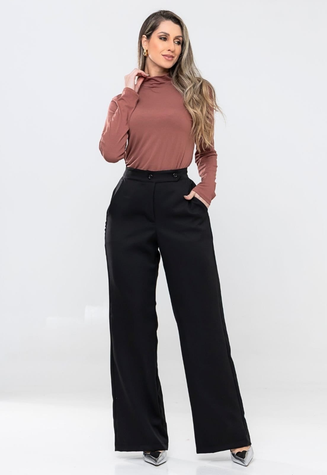 Vista 2 Blusa Manga Longa Cacharel Linha Premium Elegante Cafe Docce Mulher café/marrom