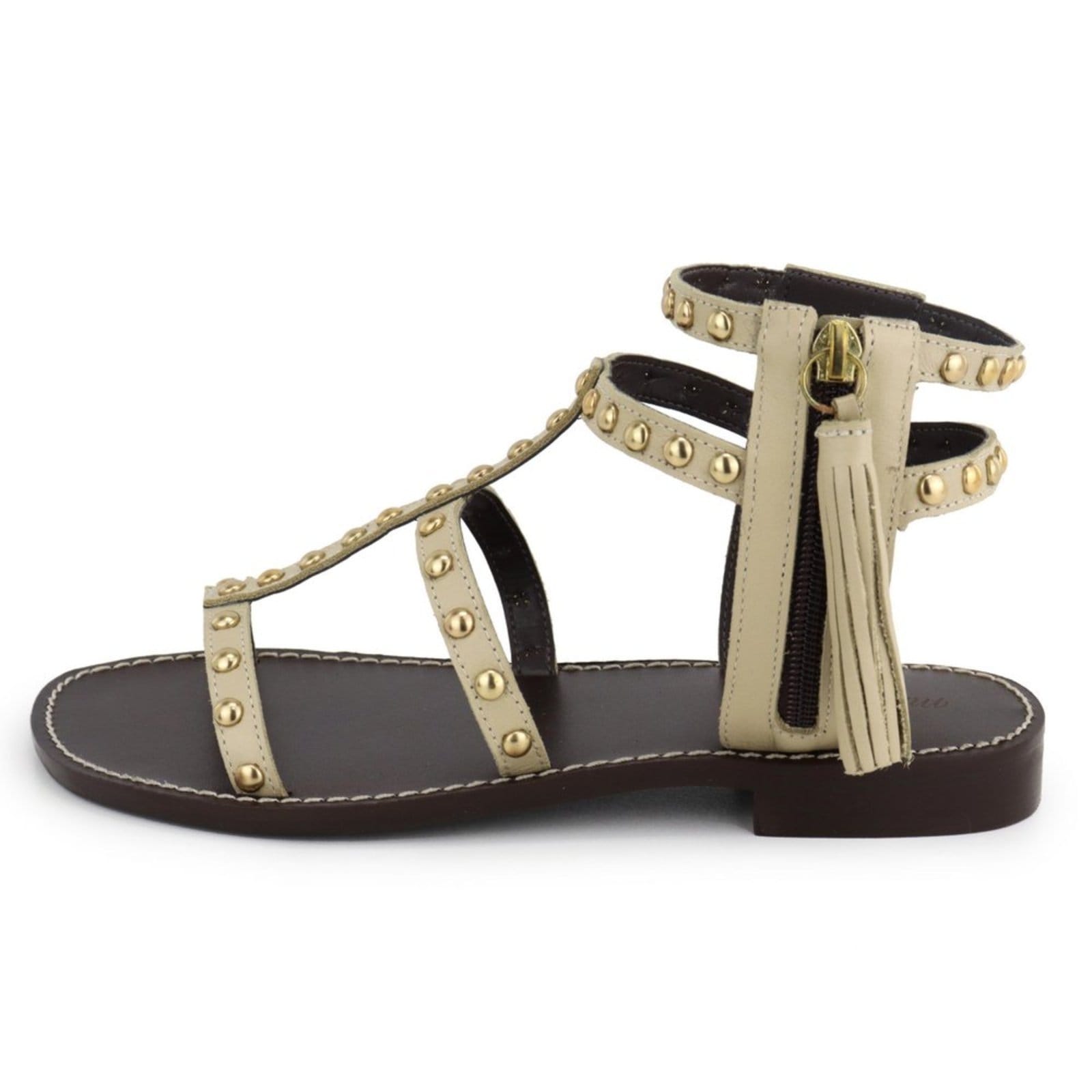 Sandália Rasteira Tachas Feminina em Couro Maria Paula Champagne