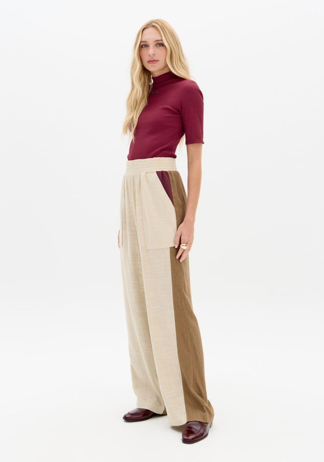 Calça Reta Cós Elástico Com Linho