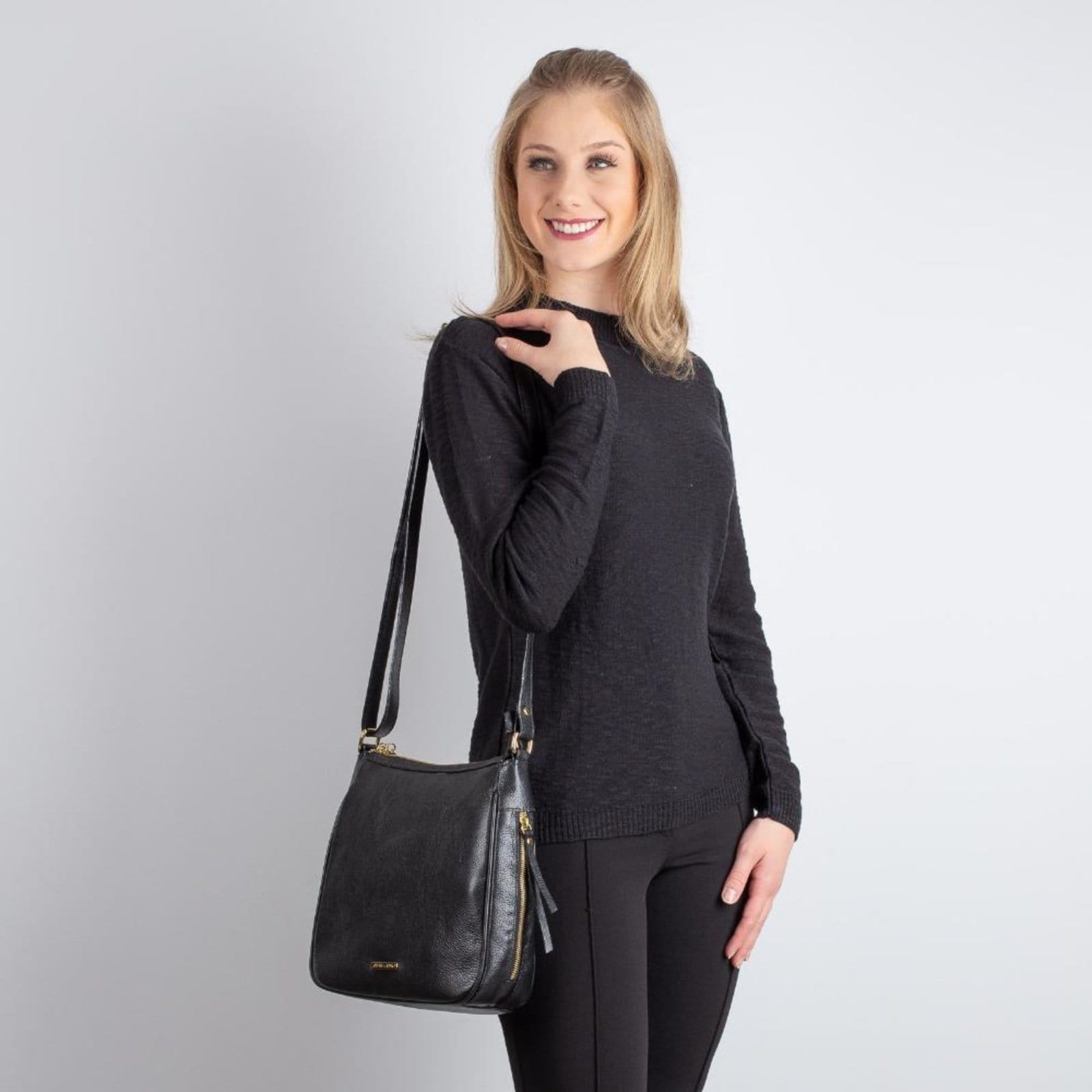 Vista 2 Bolsa Tiracolo De Couro Com Zíper Lateral Camila Andrea Vinci preto