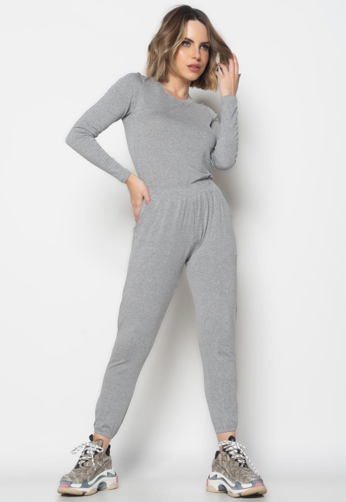 Vista 2 Conjunto Comfy Com Blusa Manga Longa e Jogger Recorte Malha Salvatore Fashion Mescla Salvatore Fashion cinza