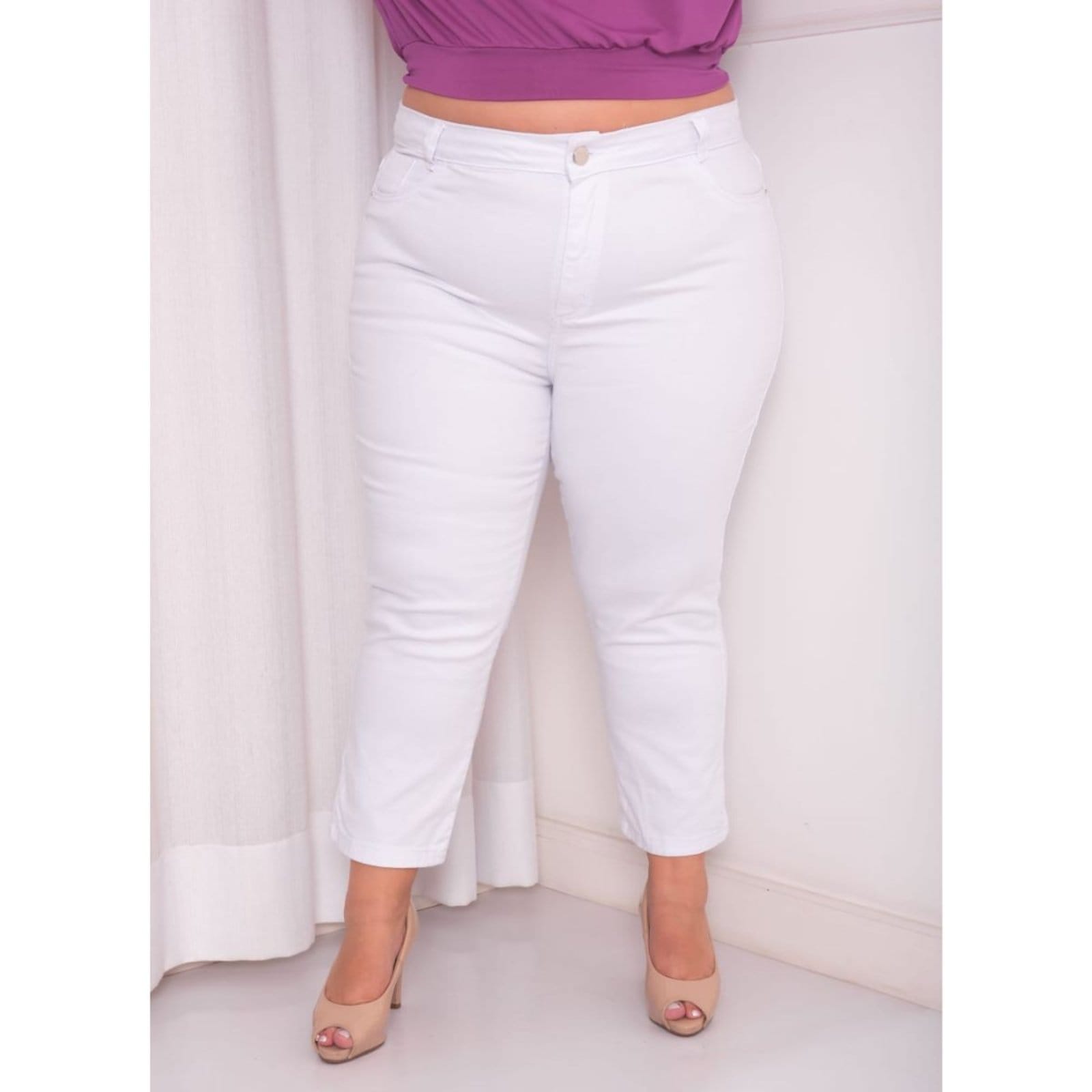 Calça Capri Jeans Loka Plus Size Branca Sofia