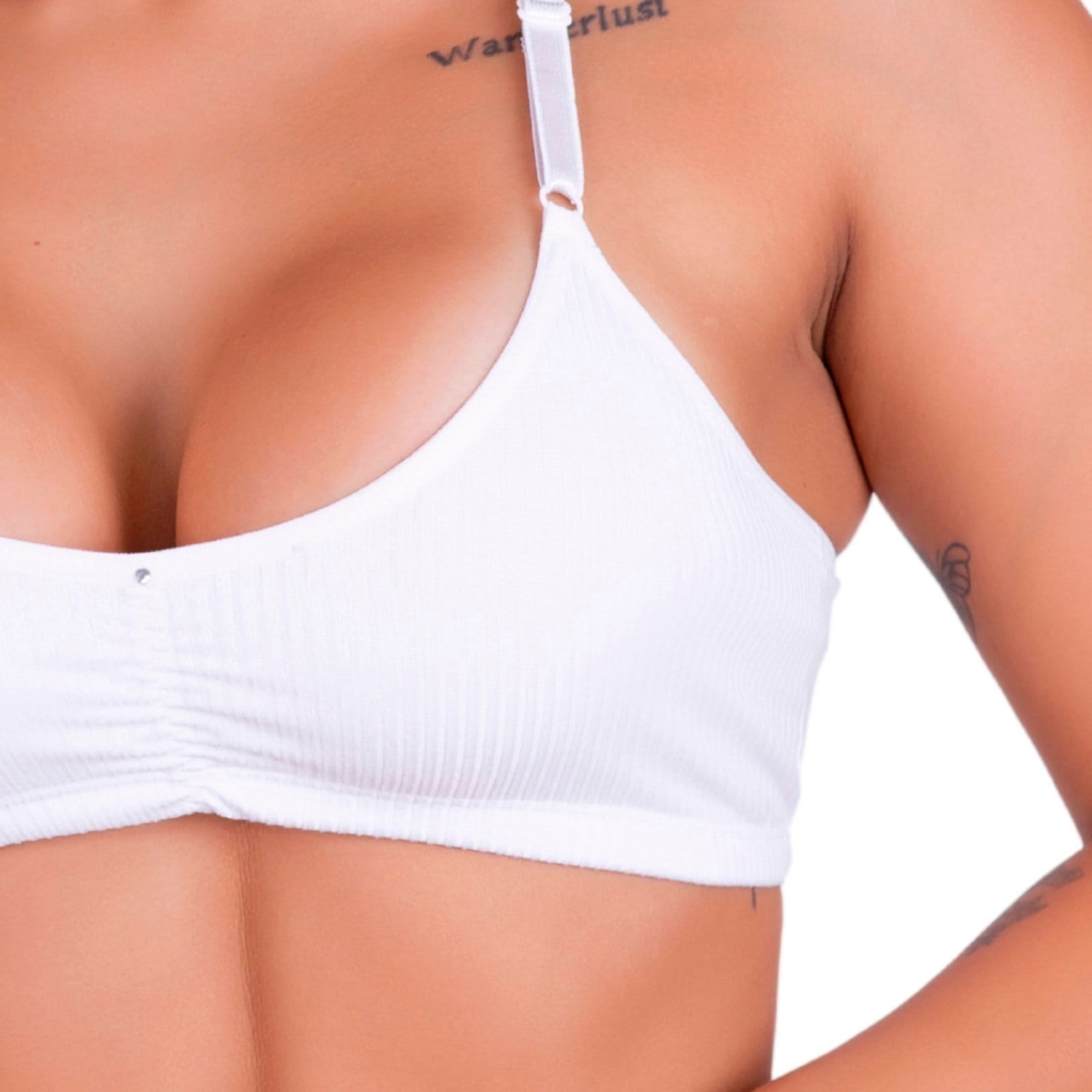 Vista 2 Kit 3 Sutiã Canelado Gabi Lingerie Sem Bojo Microfibra Lingerie Top Conforto Detalhe Franzido Gabi Lingerie azul marinho/bege/branco/multicolorido/rosê/verde