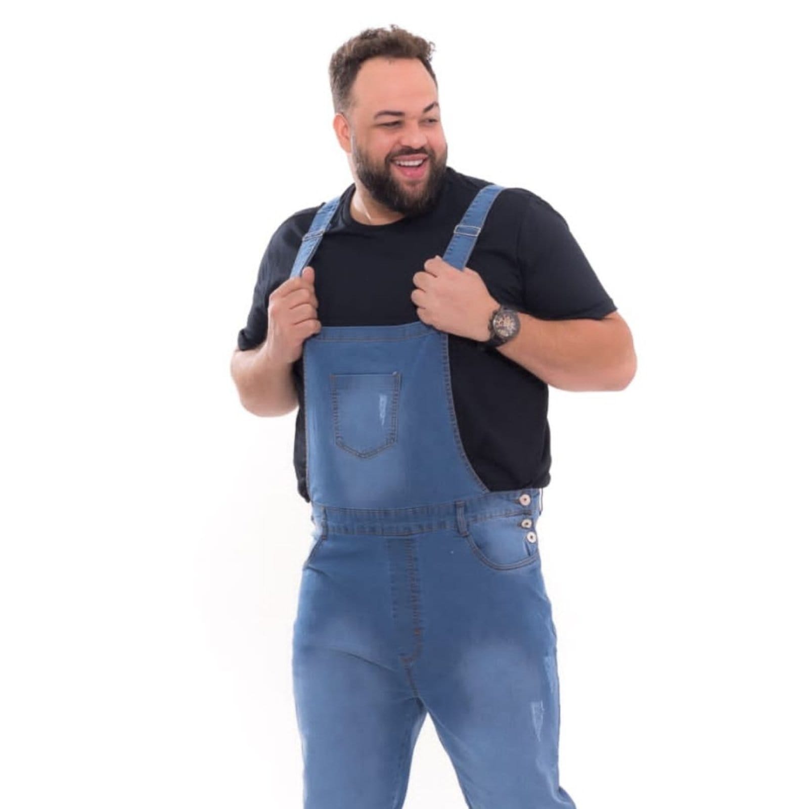 Vista 2 Macacão Jardineira Masculino Claro Plus Size Jeans Loka azul