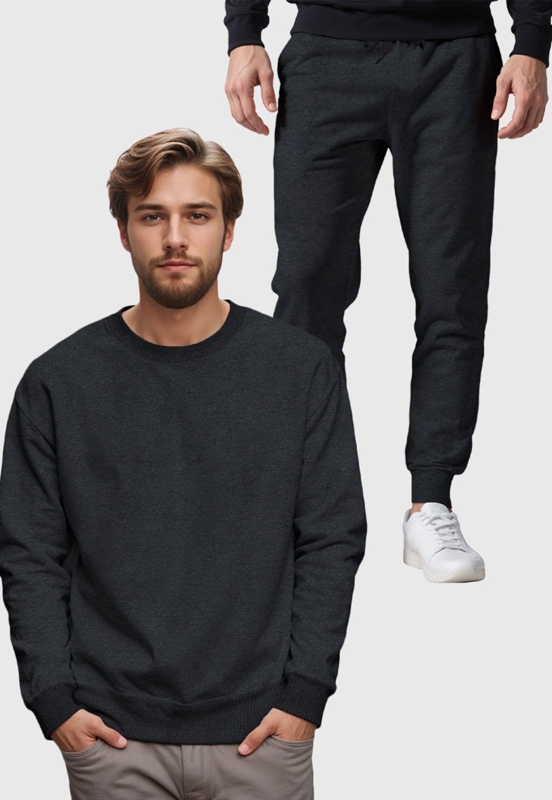 Conjunto Moletom Liso Gola Redonda e Calça Masculina Benellys Chumbo