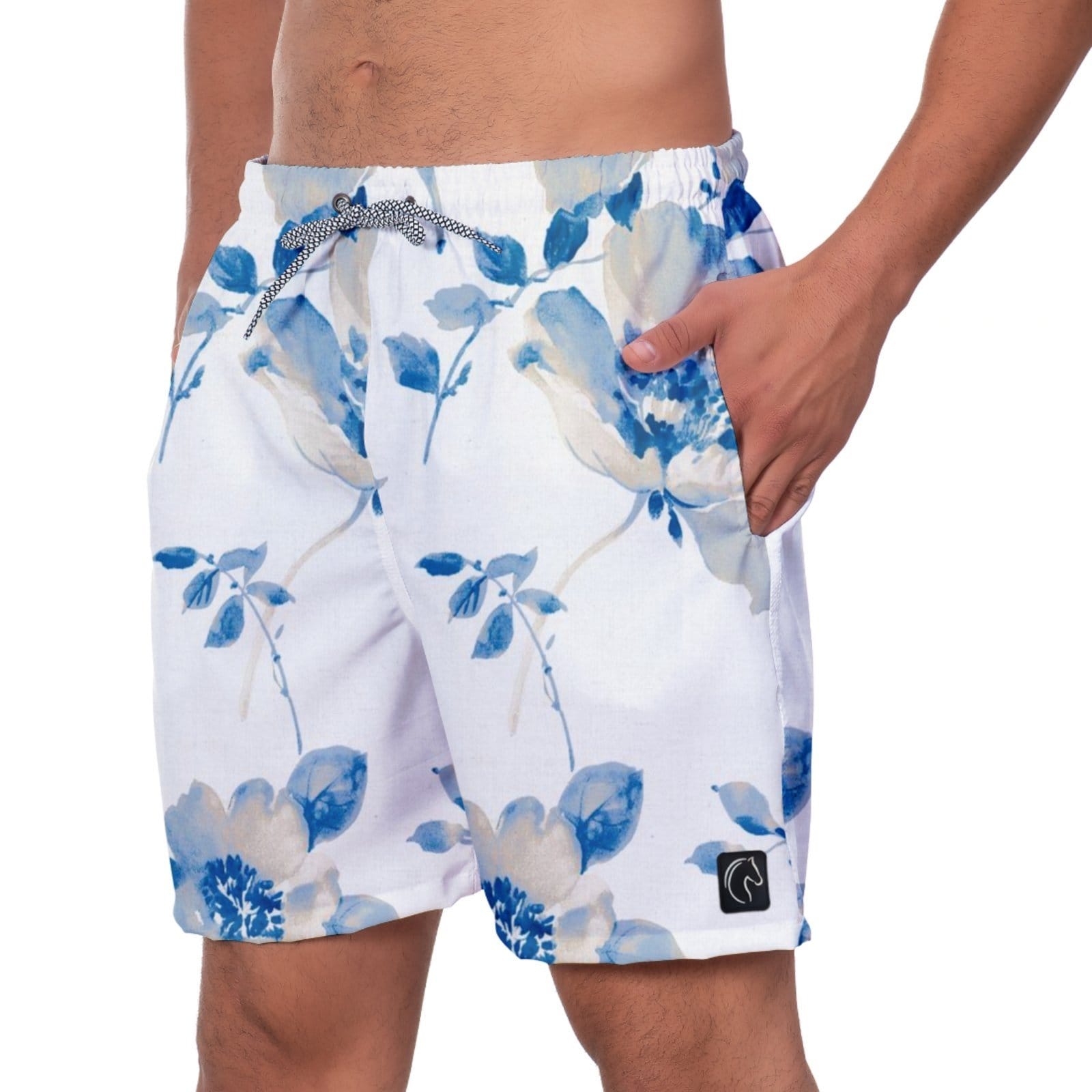 Short Praia Premium Masculino Academia Fitness Caminhada Flores Azuis Moda Estilo Esporte Corrida Conforto W2