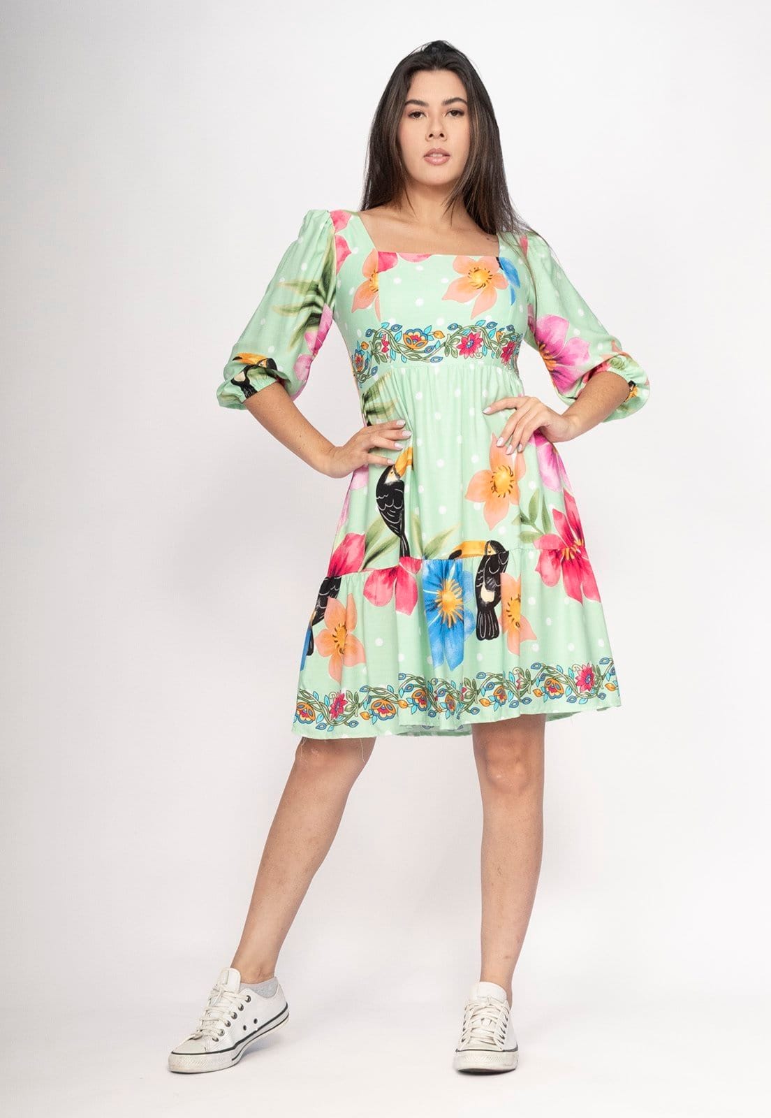 Vestido CabanaFree Curto Manga 3/4 Estampa Jardim do Cerrado Verde