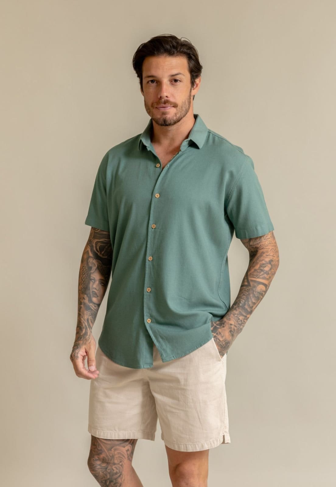 Camisa Social Manga Curta com Viscose e Linho Dialogo