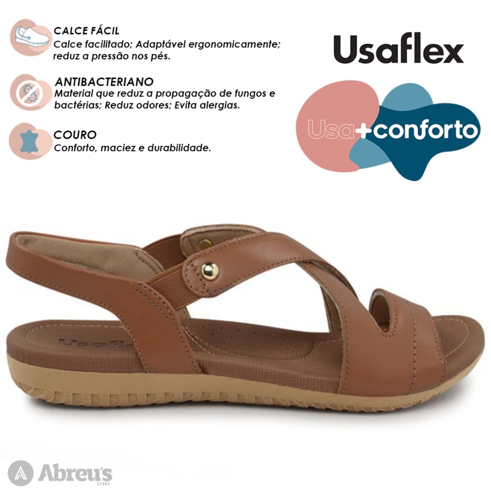 Vista 2 Sandália Usaflex Rasteira Couro Elastico Conforto R1804 Camel - 099 Usaflex marrom