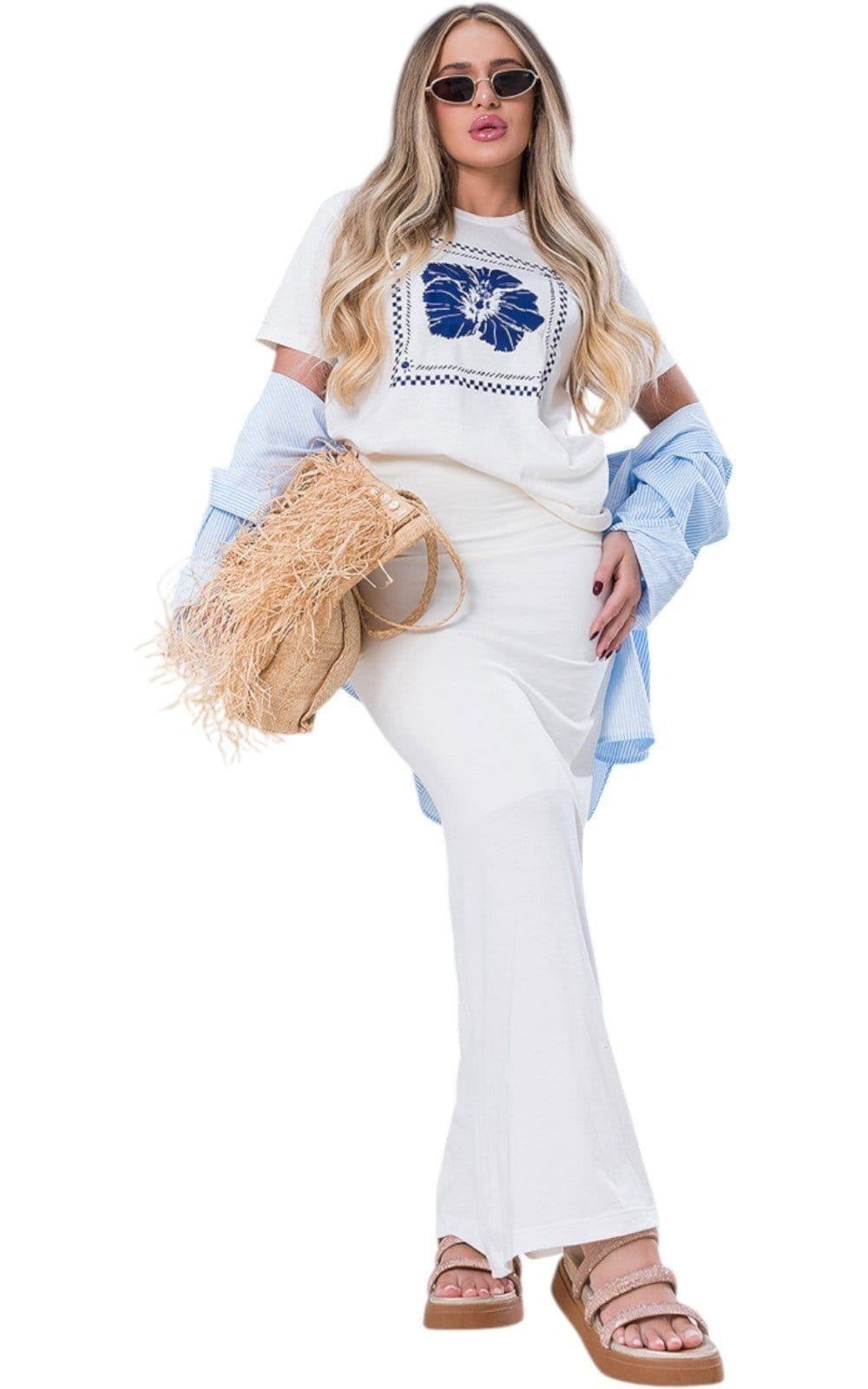 Vista 2 Camiseta Feminina Cianitas Off Estampa Hibisco Azul Cianitas off-white azul